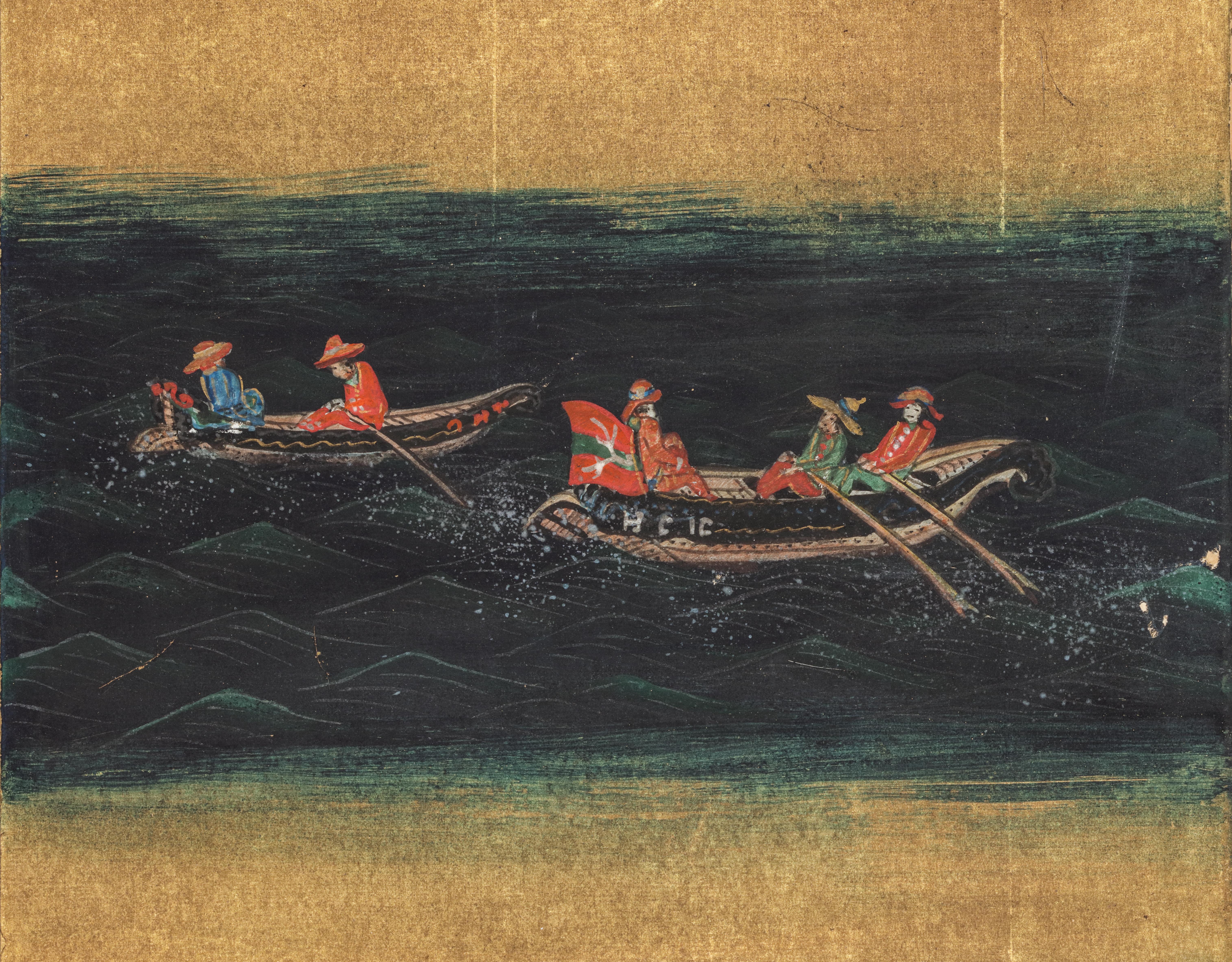 A rare and fine Japanese six-fold gold-leaf screen with the depiction of Commodore Matthew Perry’s flagship the USS Mississippi

Early Bakumatsu period (1853-1867)

Measures: H. 61 x W. 183 cm

Provenance:
Private collection, USA

On 8 July