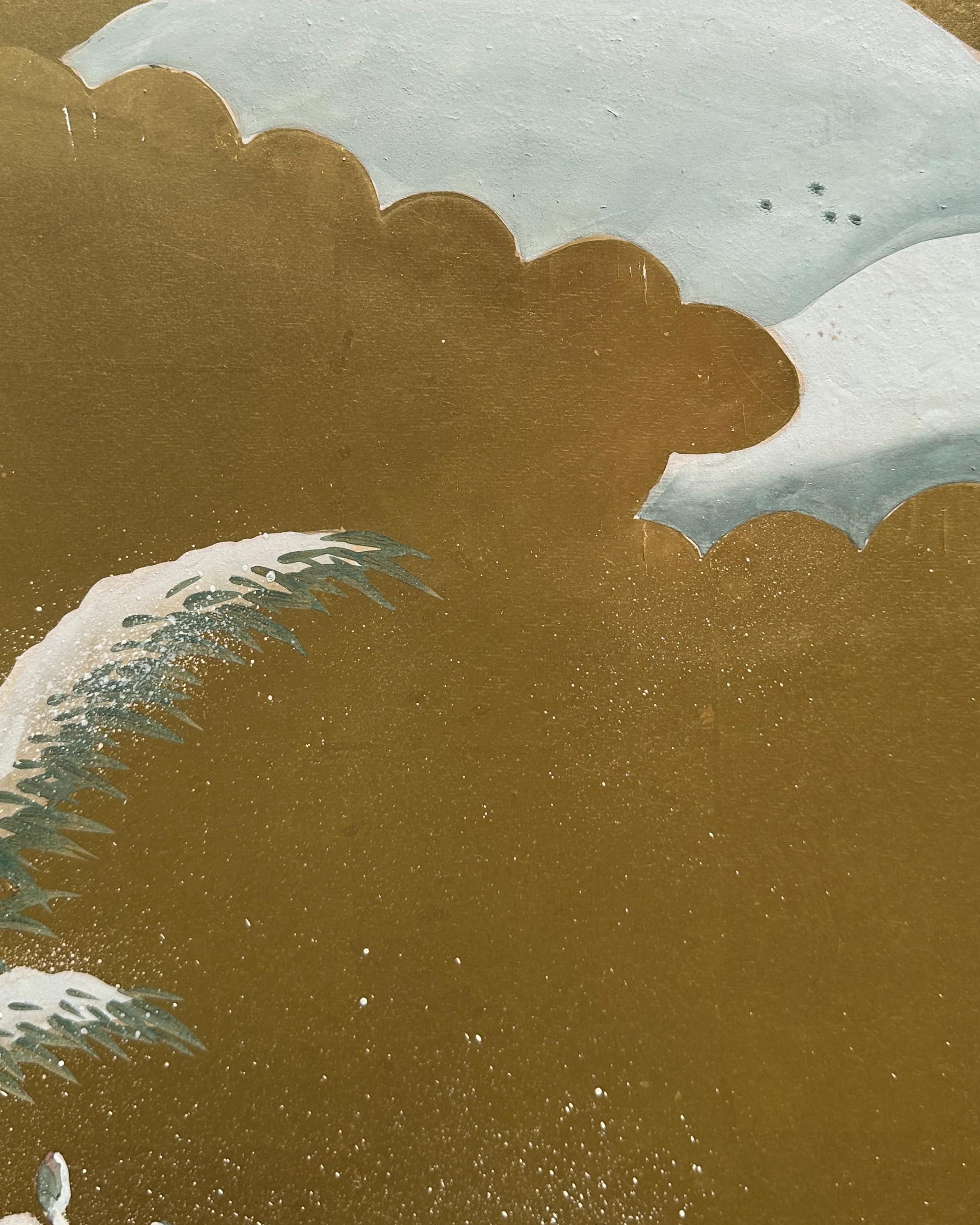 
Seasons Flowing in Gold is a masterful expression of depth and rhythm, painted with a subtle three-dimensional effect that brings the landscape to life. From the snow-laden willow and red camellias on the left to the vibrant chrysanthemums, pampas