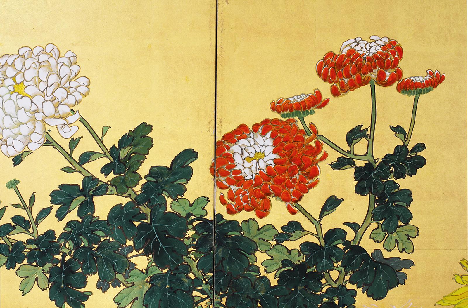 Meiji Japanese Screen, Four Panels Japanese Screen on Spring Gold Leaf