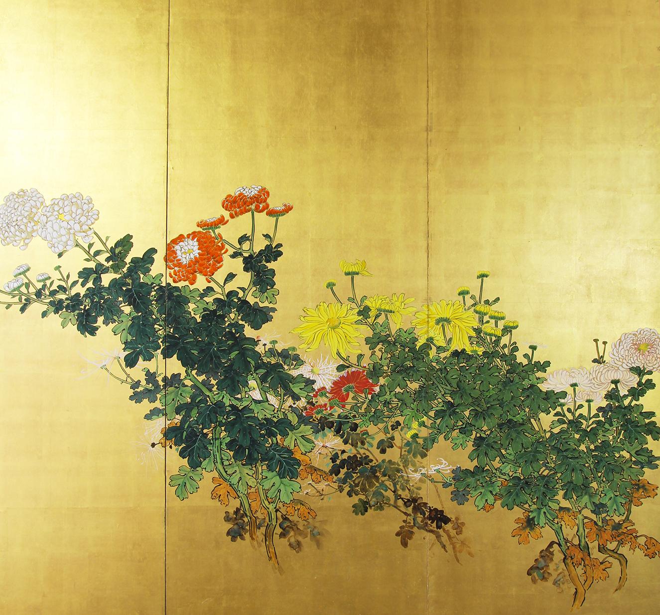 20th Century Japanese Screen, Four Panels Japanese Screen on Spring Gold Leaf