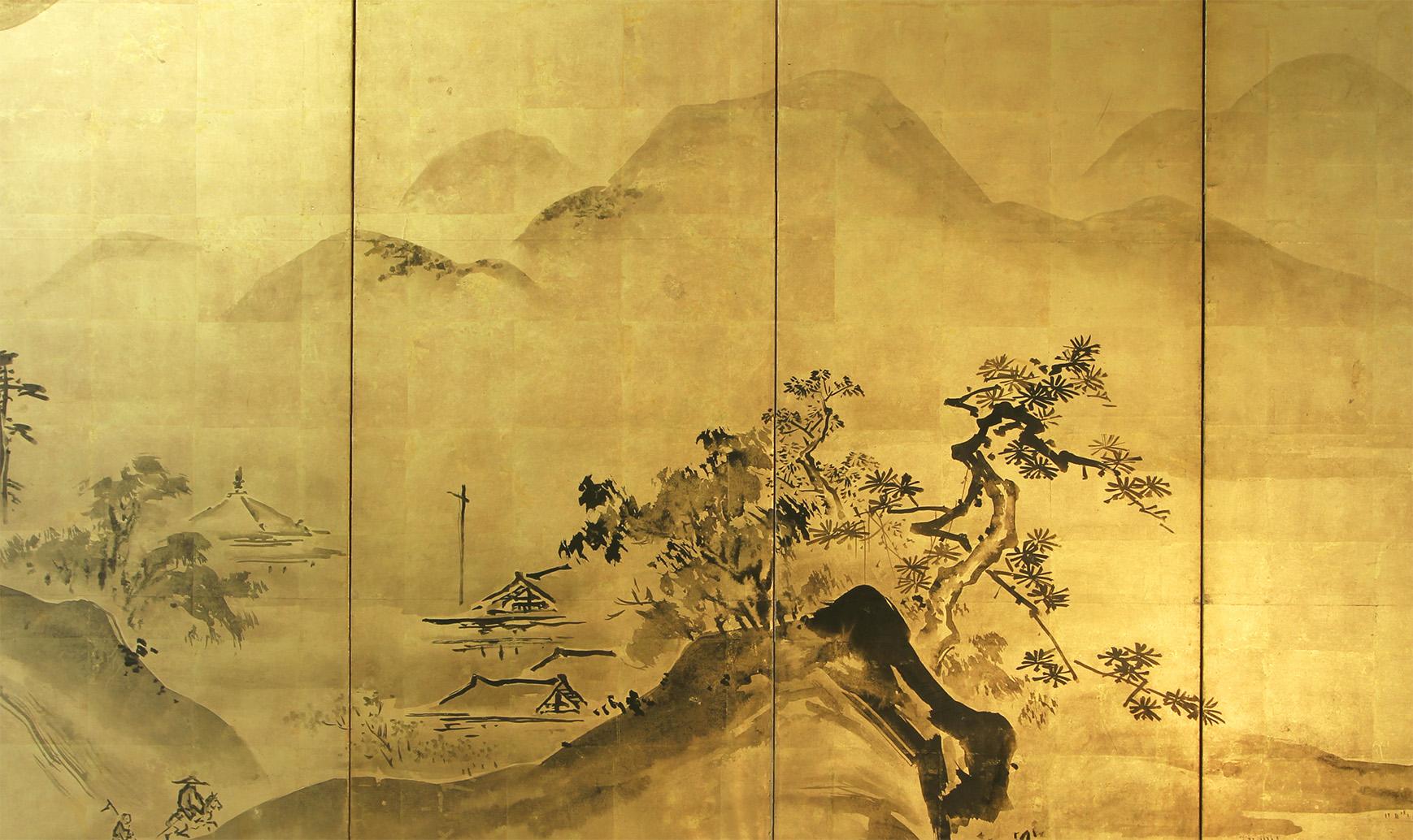 Meiji Japanese Screen Landscape on Gold Leaf with Inks For Sale