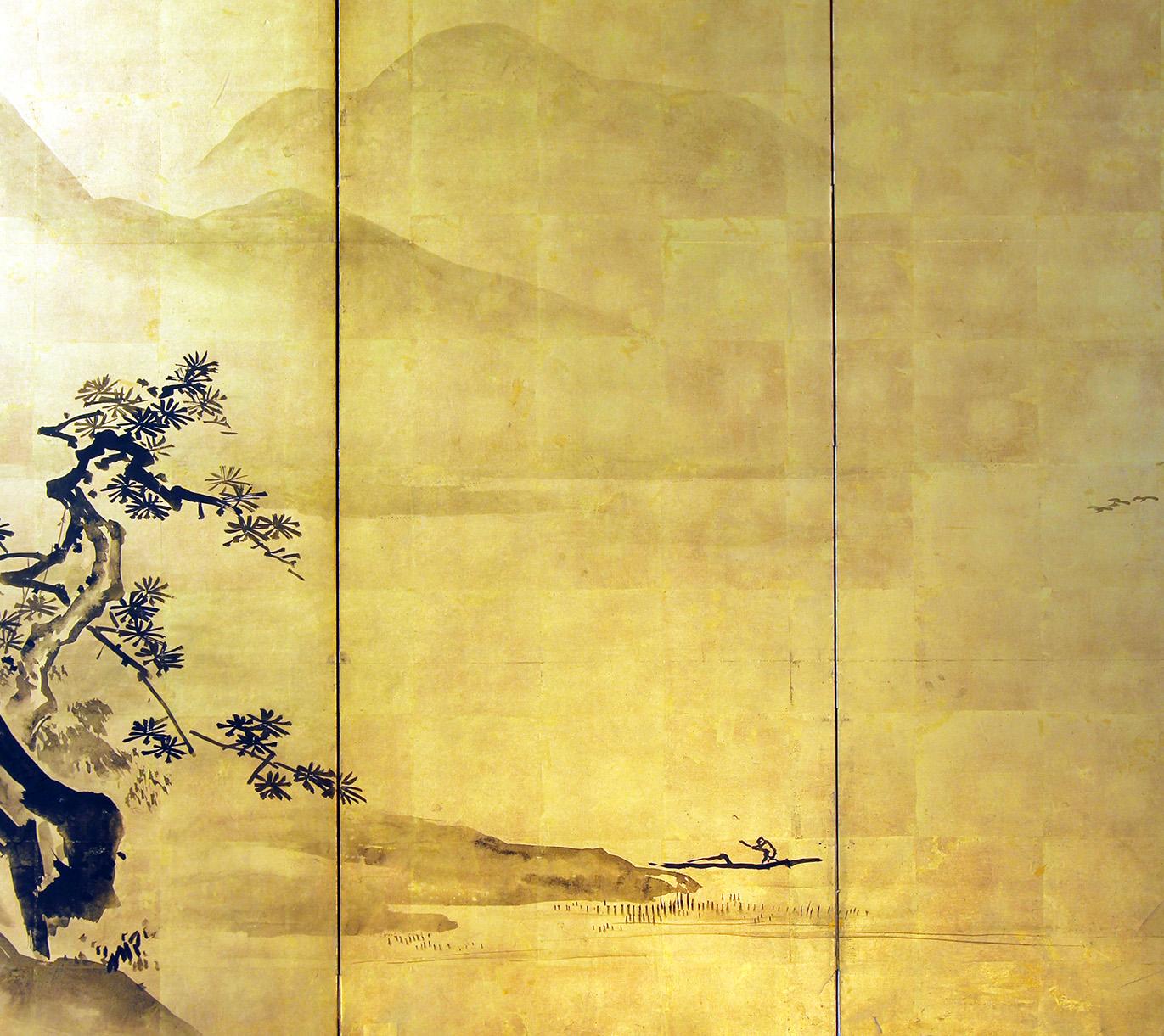Japanese Screen Landscape on Gold Leaf with Inks In Good Condition For Sale In Brescia, IT