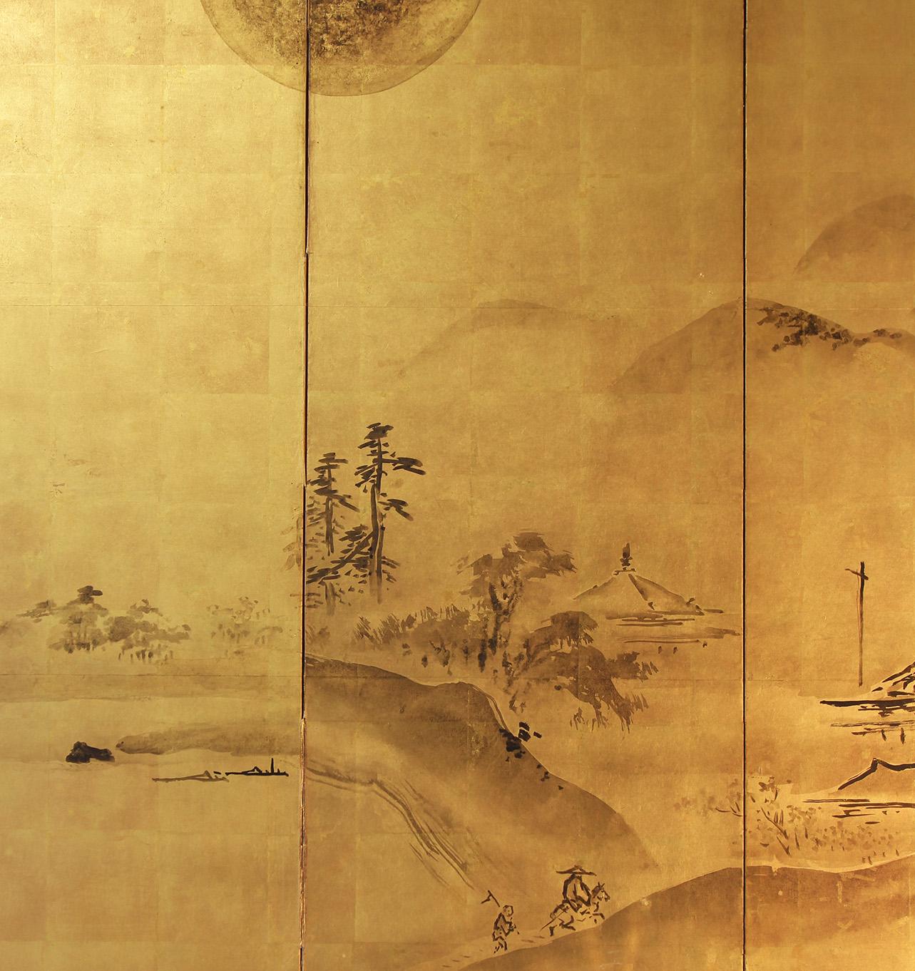 19th Century Japanese Screen Landscape on Gold Leaf with Inks For Sale