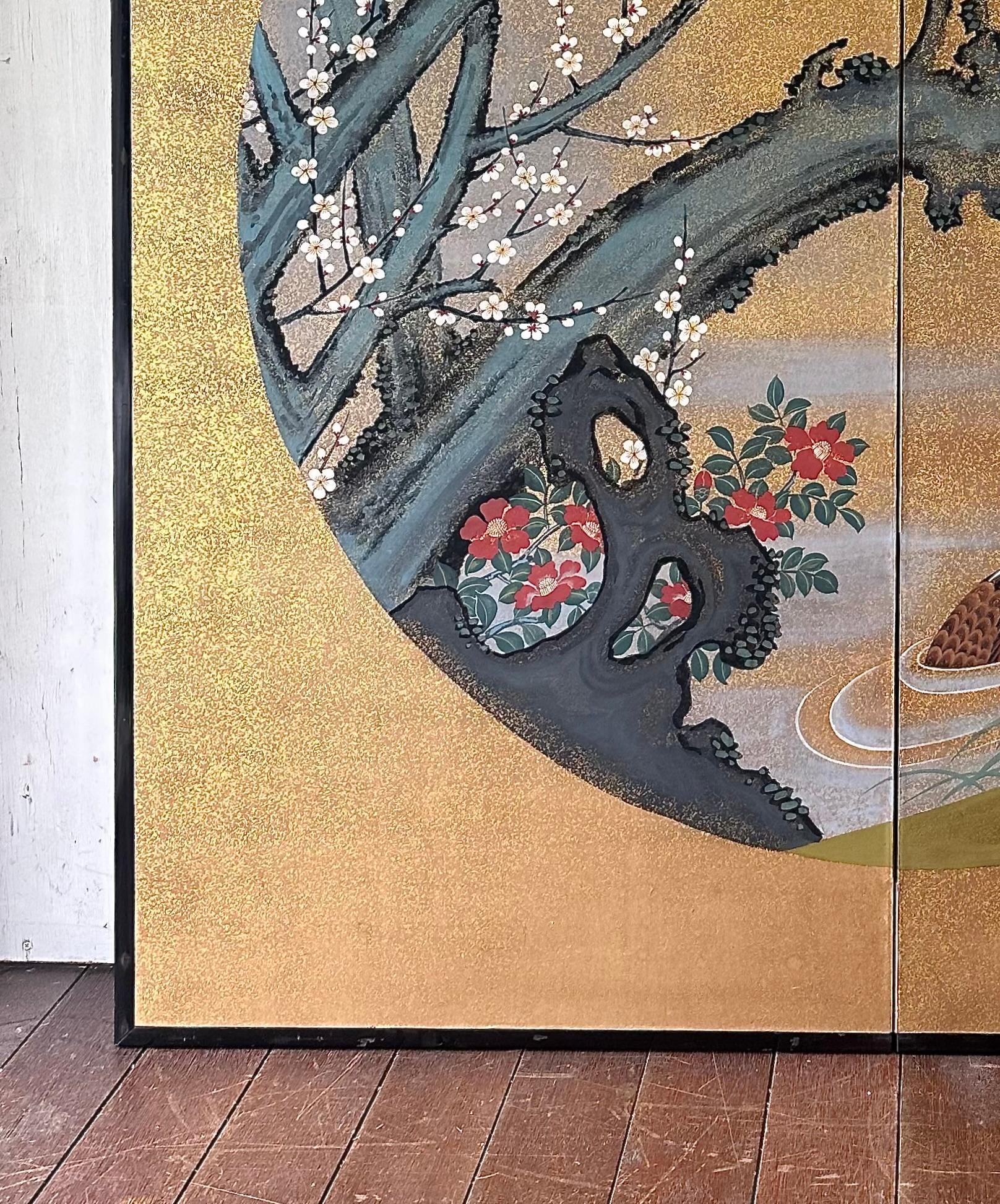 Showa Japanese screen: Mandarin Ducks Beneath the Blossoms For Sale