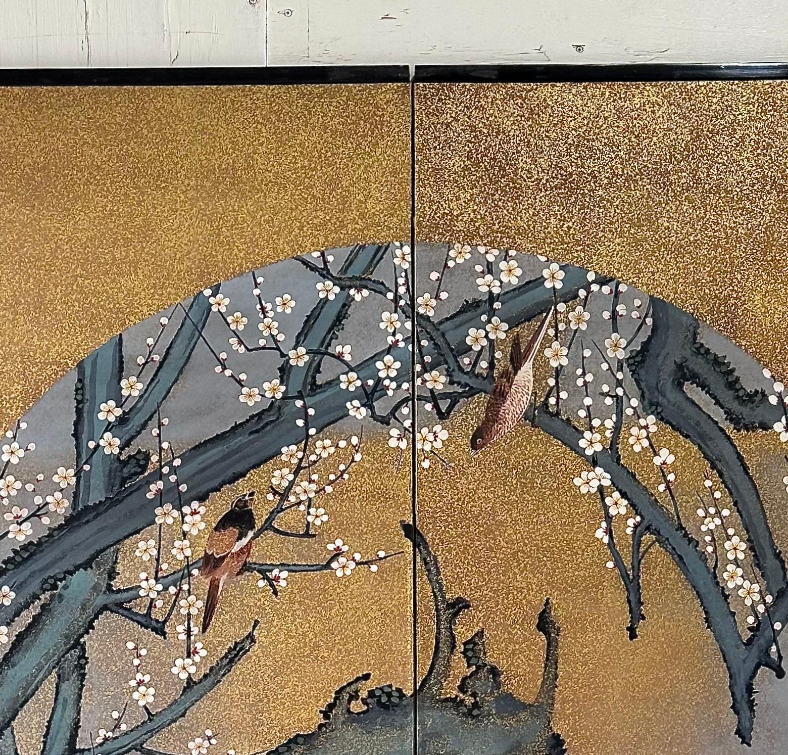 Hand-Painted Japanese screen: Mandarin Ducks Beneath the Blossoms For Sale