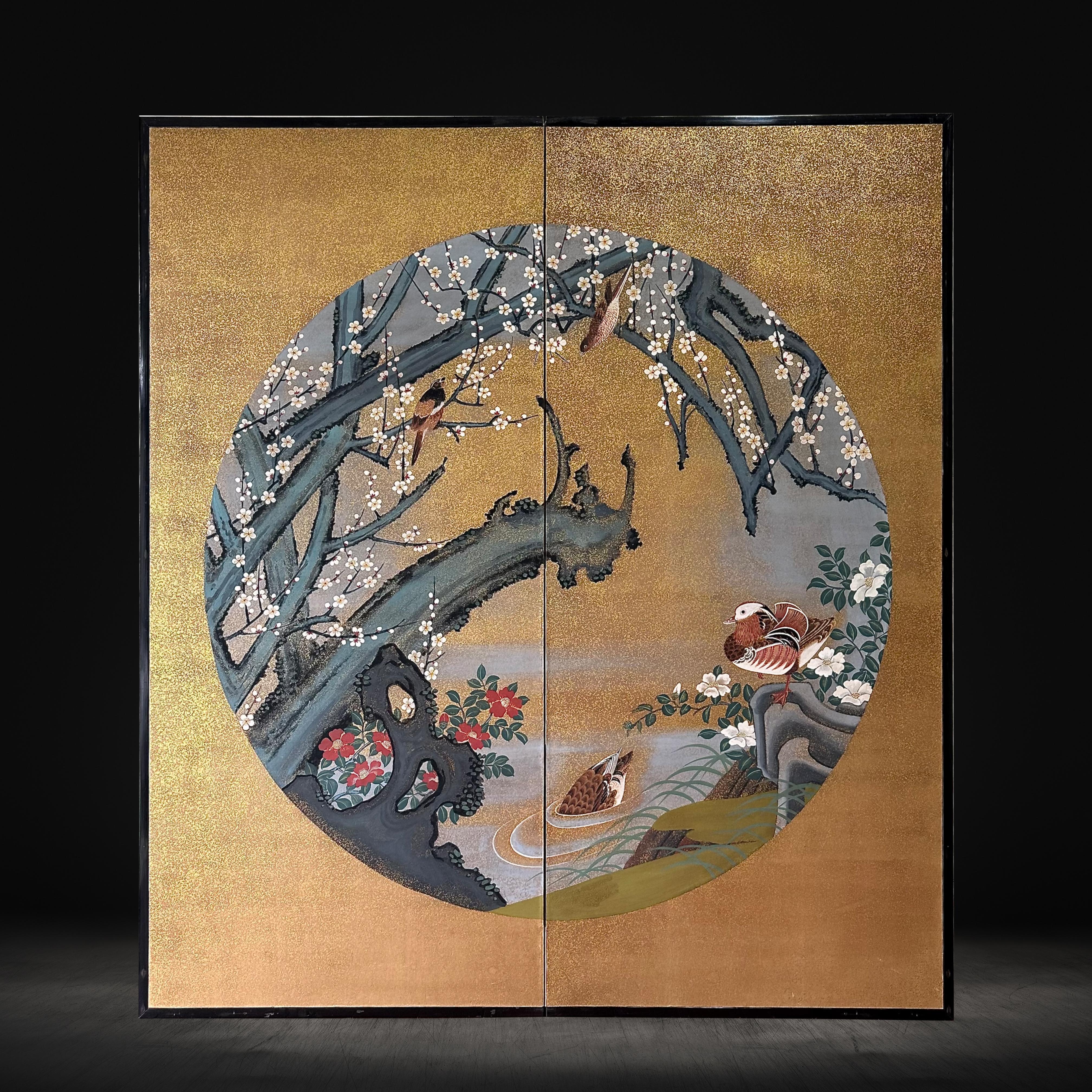 Wood Japanese screen: Mandarin Ducks Beneath the Blossoms For Sale