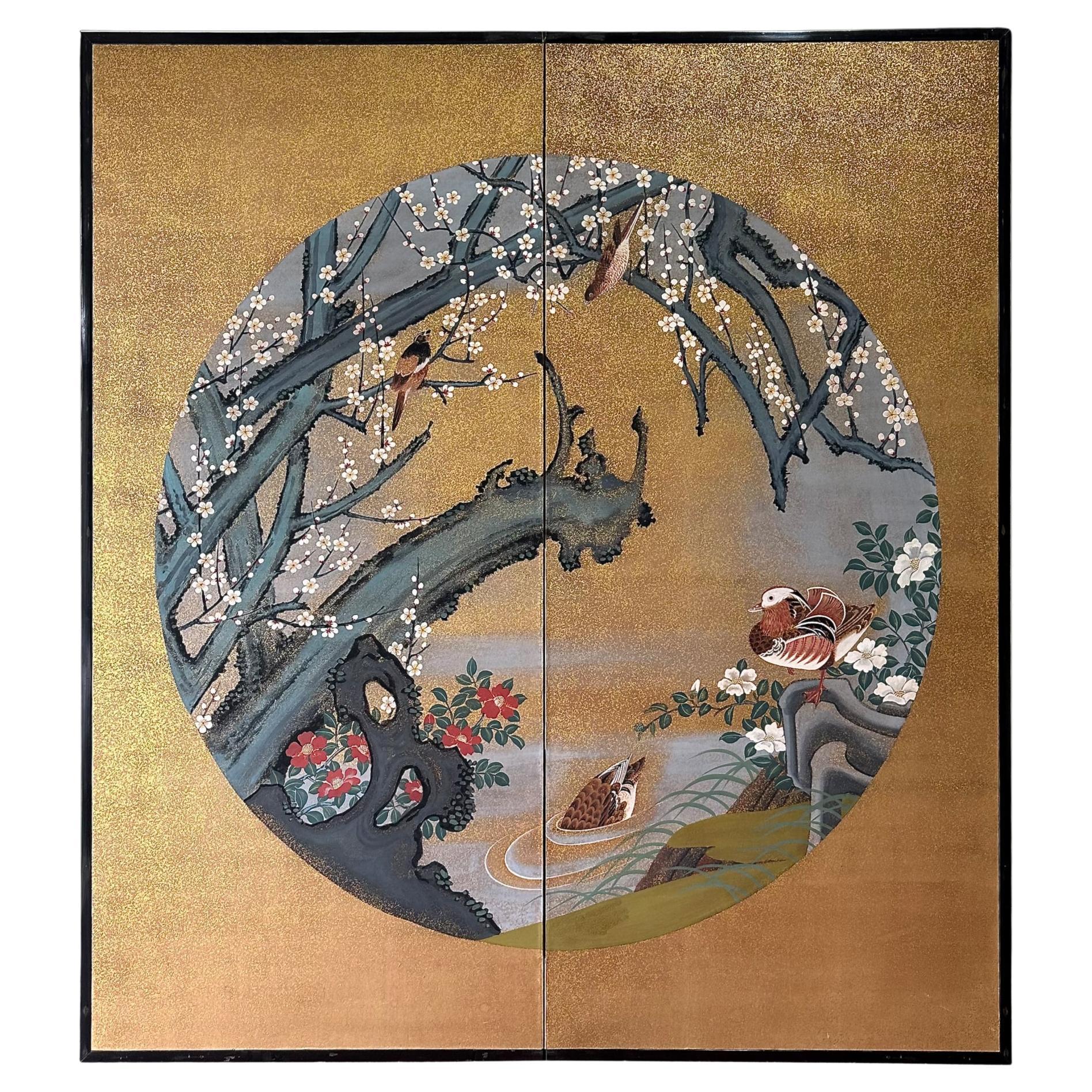 Japanese screen: Mandarin Ducks Beneath the Blossoms For Sale