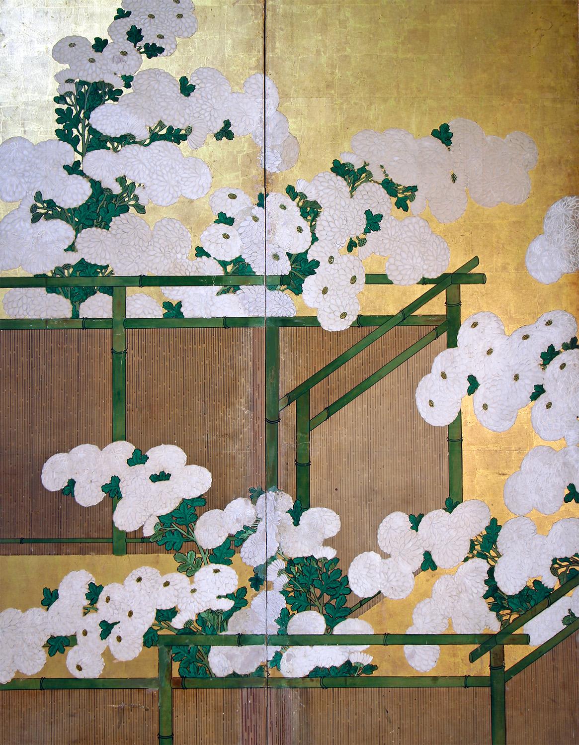 Hand-Painted Japanese Screen mid Edo gold leaf For Sale
