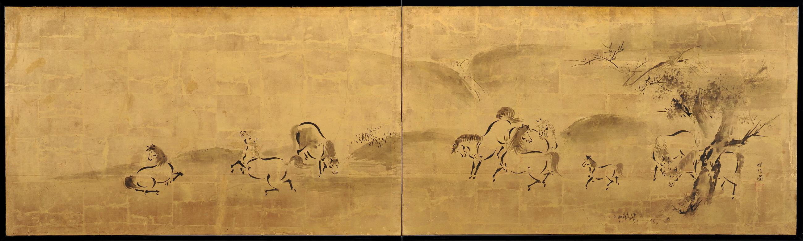 Horses

Kano Tanshin Morimasa (1653-1718)

Two-panel tea-ceremony Japanese screen or furosaki

Ink on gold leaf,

late 17th-early 18th century

Measures: H 55 cm x W 182 cm

The Kano school was closely aligned with the warrior class in