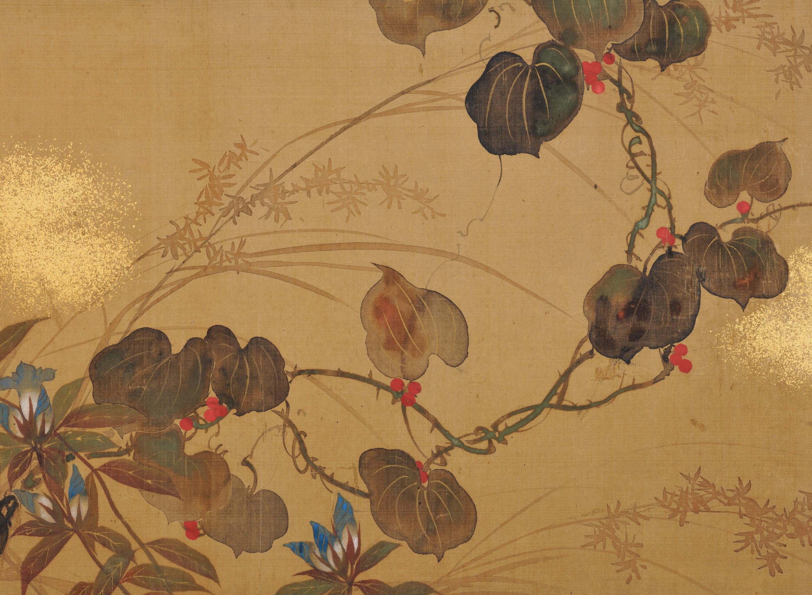 Un écran japonais à deux volets de l'artiste de l'école Rimpa Sakai Hoitsu (1761-1828), Japon, XIXe siècle, période Edo.

Ce petit écran pliant japonais peint par Sakai Hoitsu a été conçu à l'origine comme une paire de portes coulissantes pour un