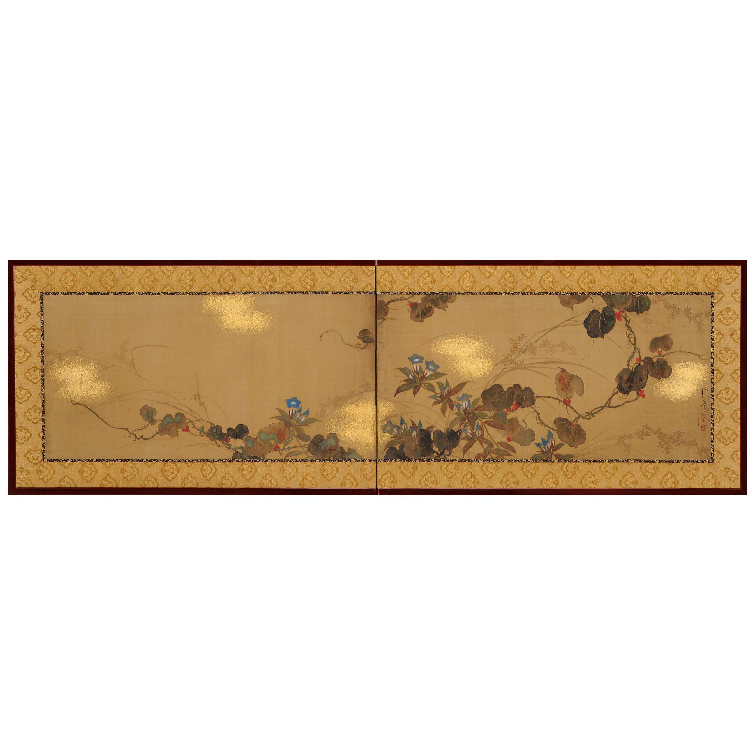 Peinture japonaise sur écran:: début du 19e siècle:: Fleurs d'automne par Sakai Hoitsu