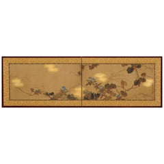 Antique Japanese Screen Painting, Early 19th Century, Autumn Flowers by Sakai Hoitsu