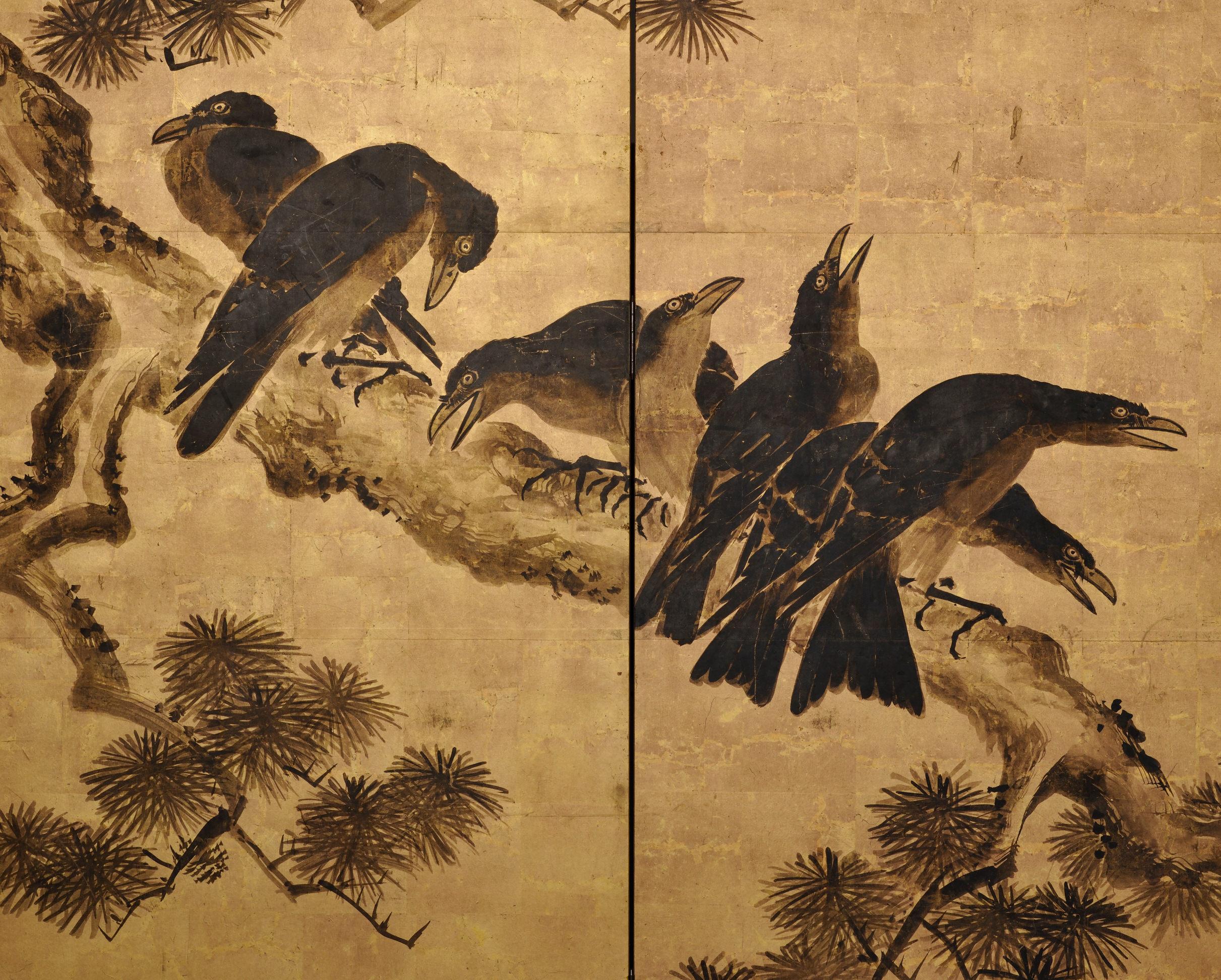 Kano Shushin Chikanobu (1660-1728)

'Crows and Pine’

Six-fold screen, ink and gold leaf on paper.

Haha-cho or mynah birds, whose forms resemble crows in artwork, were commonly depicted in Japanese art. These types of paintings were