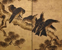 Japanese Screen Painting, Late 17th Century, Crows & Pine by Kano Chikanobu