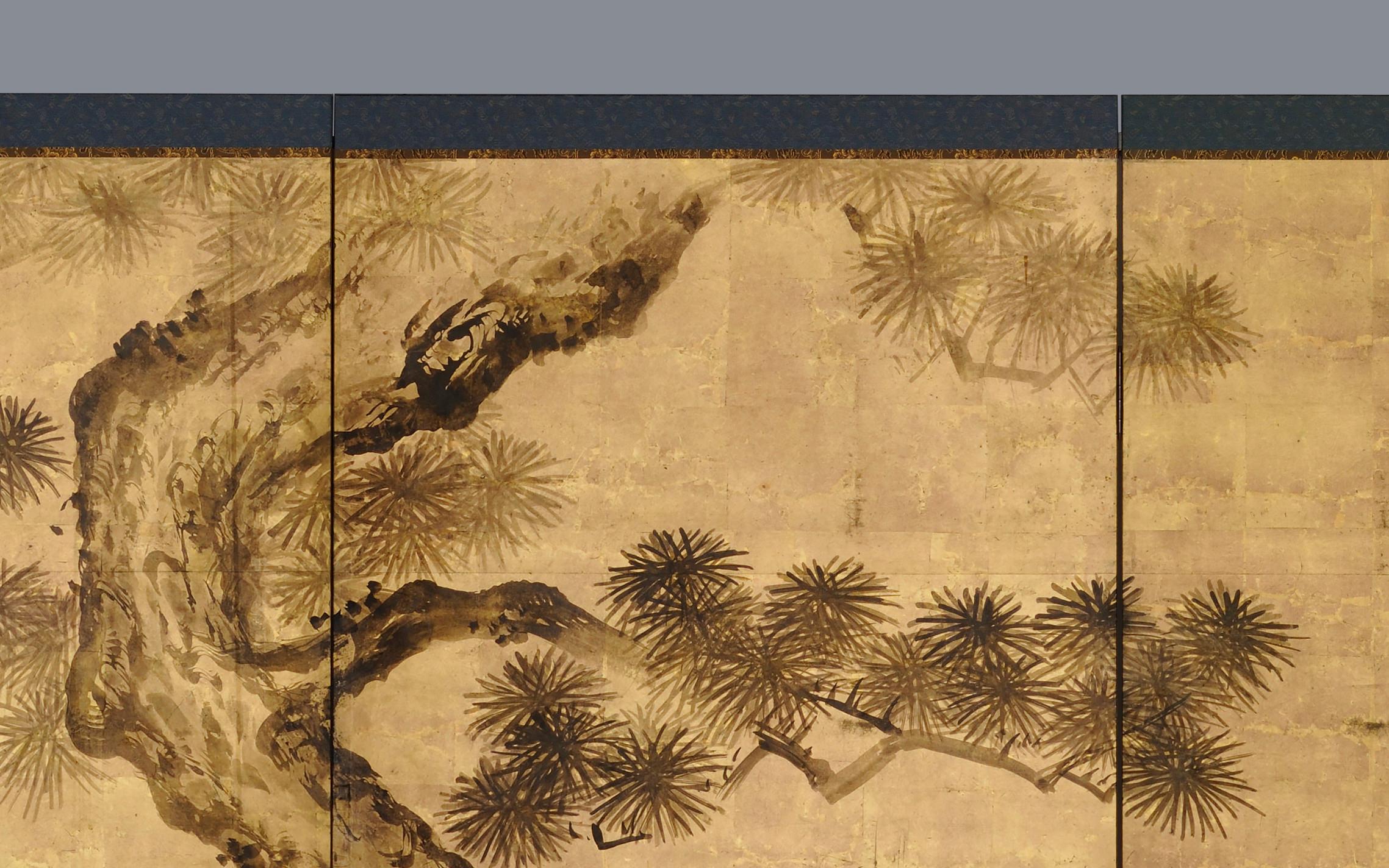 Edo Japanese Screen Painting, Late 17th Century, Crows & Pine by Kano Chikanobu