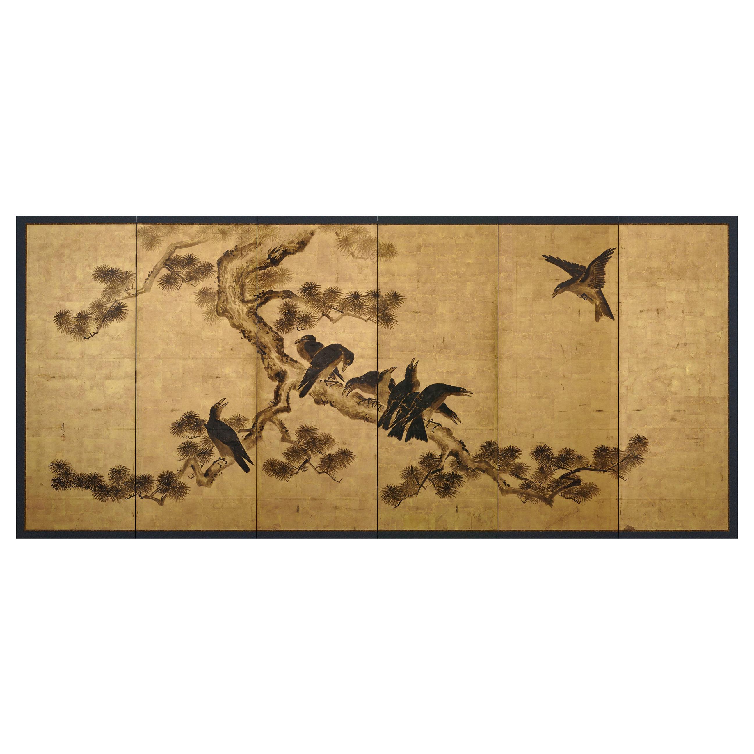 Japanese Screen Painting, Late 17th Century, Crows & Pine by Kano Chikanobu