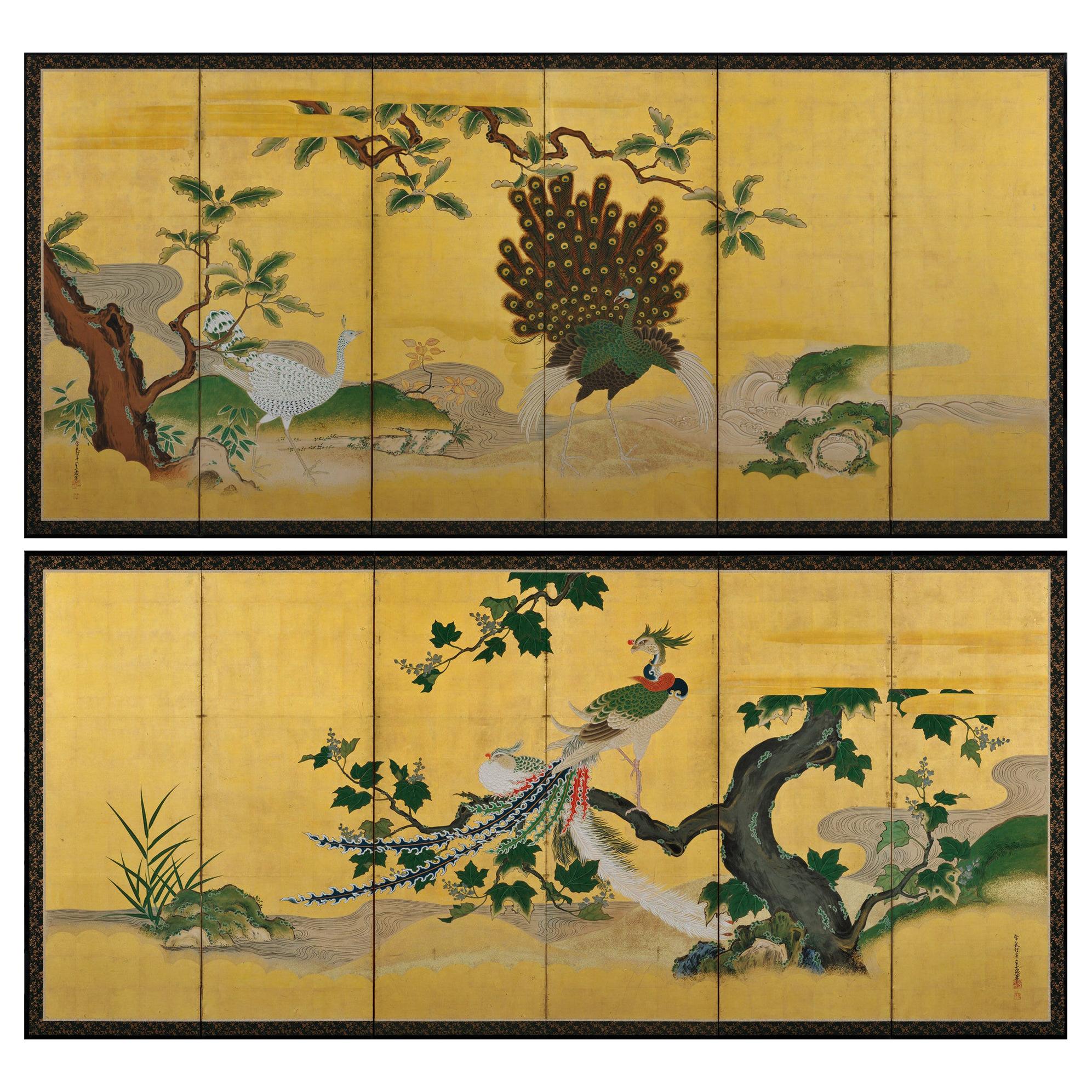 Japanese Screen Pair, circa 1730, Peacocks and Phoenix, Kano School