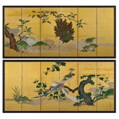 Japanese Screen Pair, circa 1730, Peacocks and Phoenix, Kano School