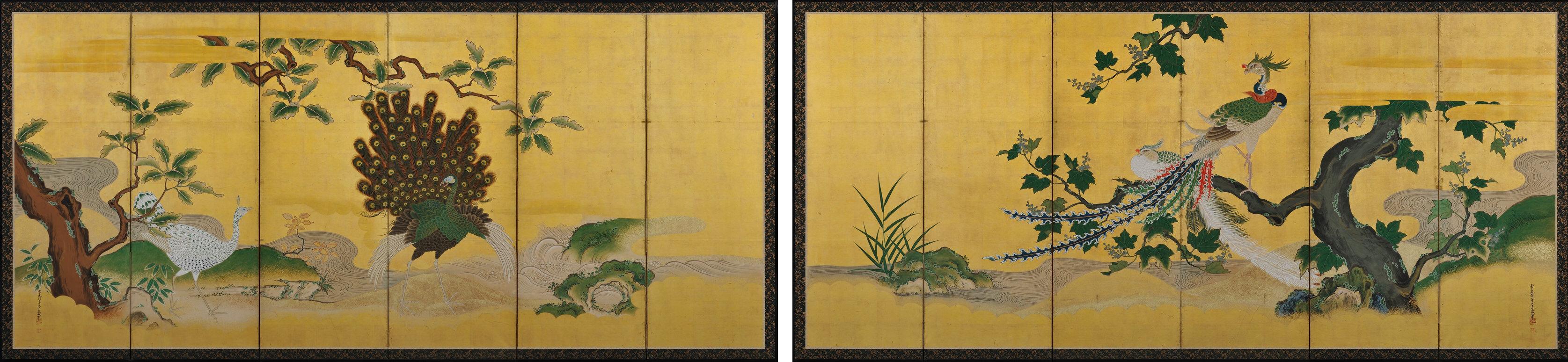 Phoenix and Peacocks.

A pair of six-panel Japanese folding screens by Tsunetake Yotei (n.d.)

First half of the 18th century.

The signature reads 67 year old Tsunetake.

The seals read:
-Tsunetake no