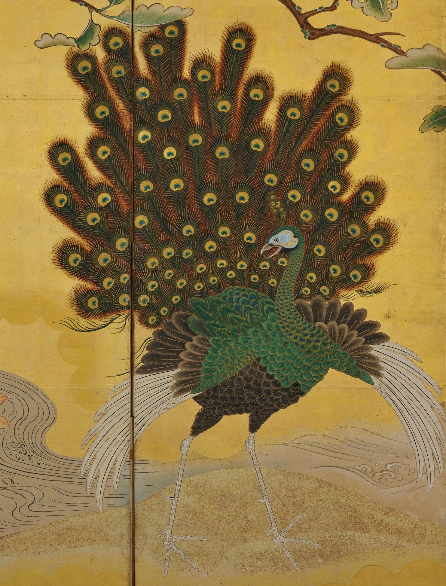 Asiatique Paire de paravents japonais, vers 1730, paons et Phoenix, école Kano en vente