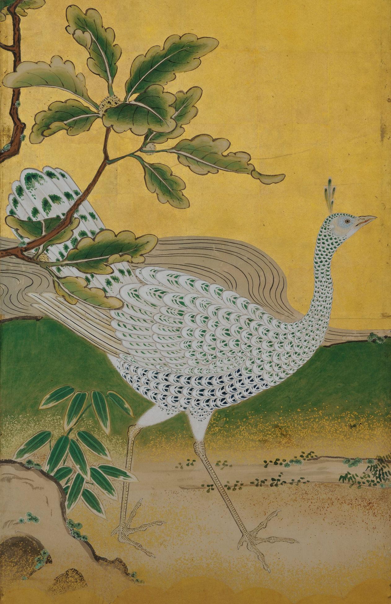 Peint à la main Paire de paravents japonais, vers 1730, paons et Phoenix, école Kano en vente
