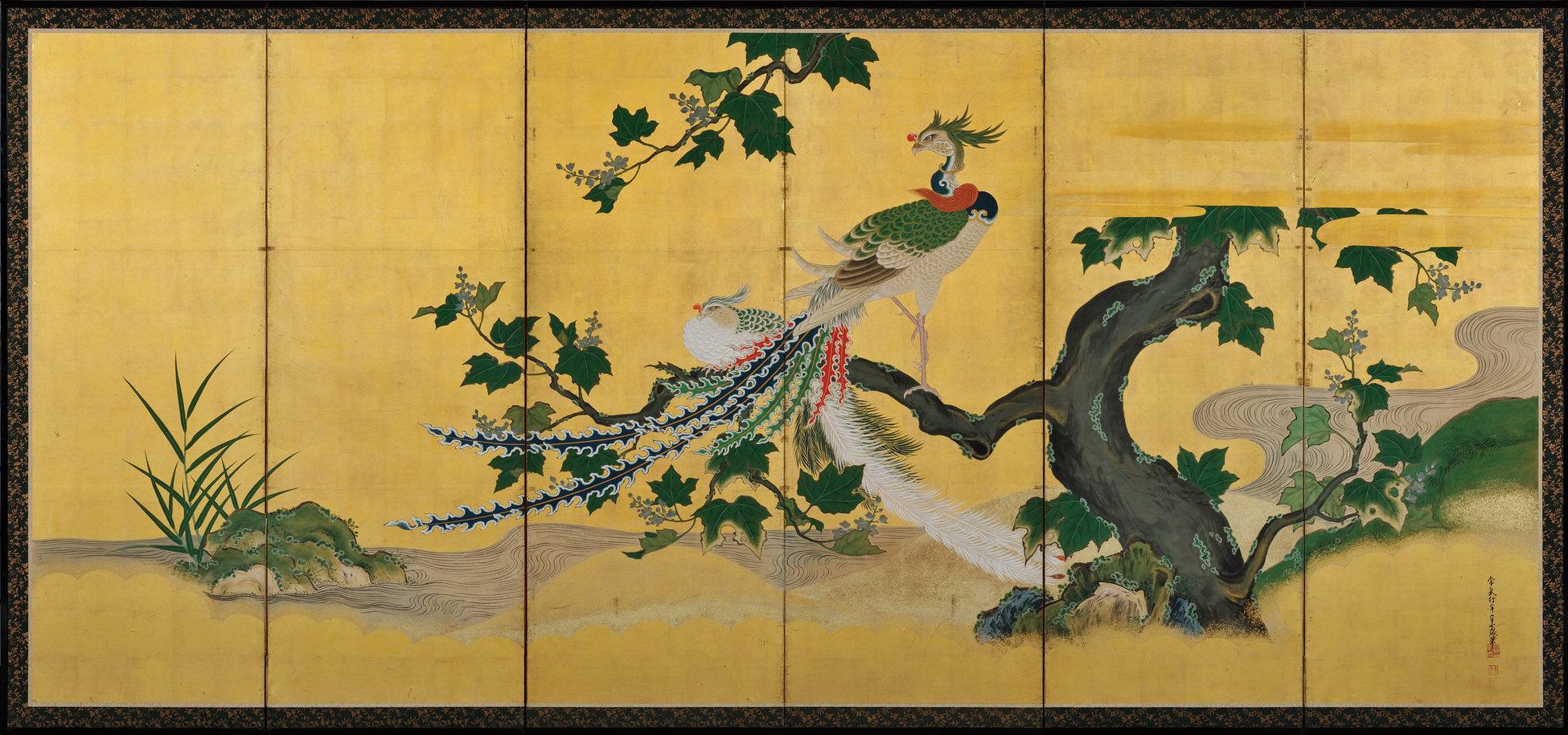 Hand-Painted Japanese Screen Pair, circa 1730, Peacocks and Phoenix, Kano School For Sale