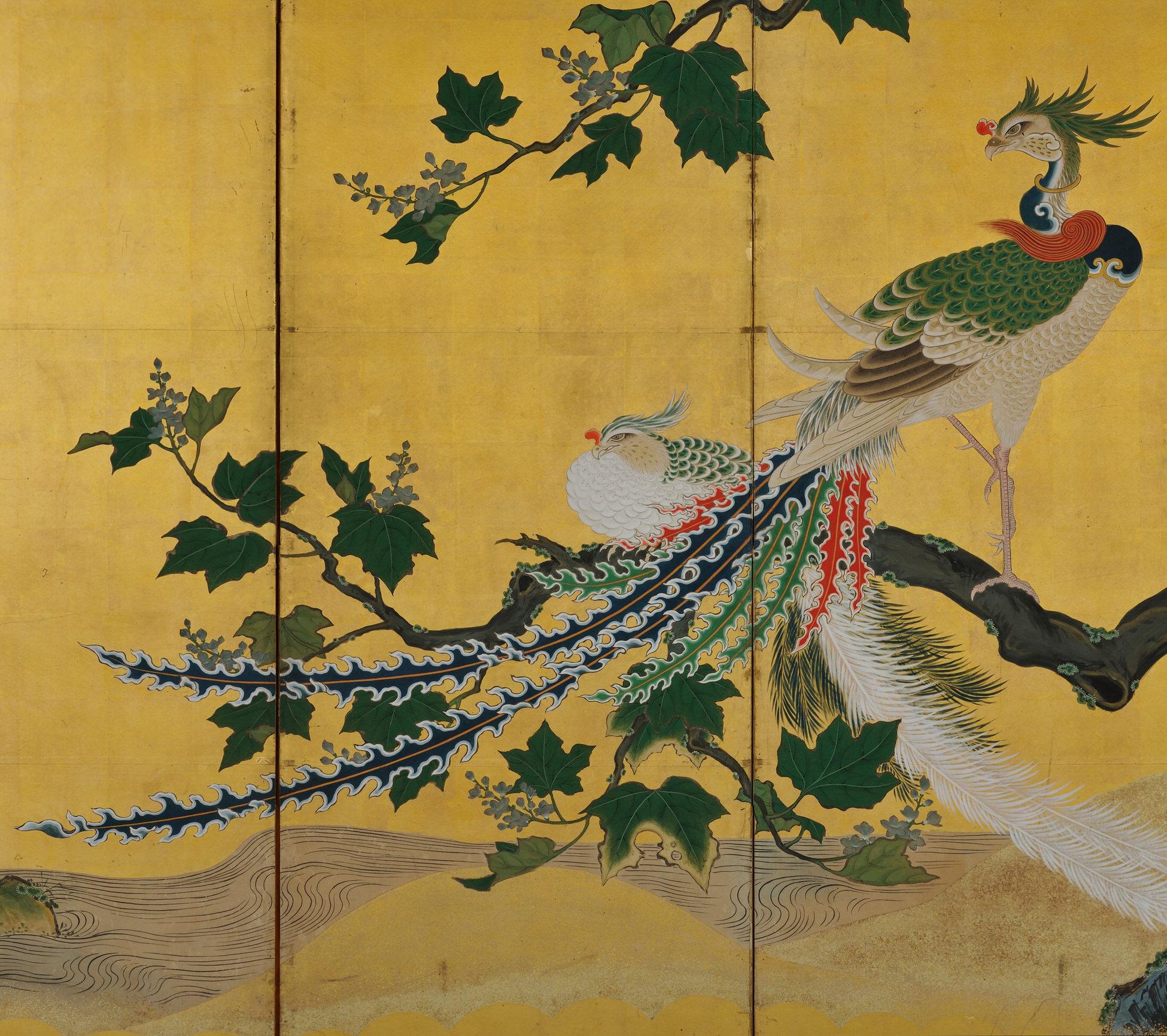 Japanese Screen Pair, circa 1730, Peacocks and Phoenix, Kano School In Fair Condition For Sale In Kyoto, JP