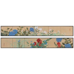 Japanese Screen Painting, Circa 1915 Spring & Fall Flowers, Rimpa School