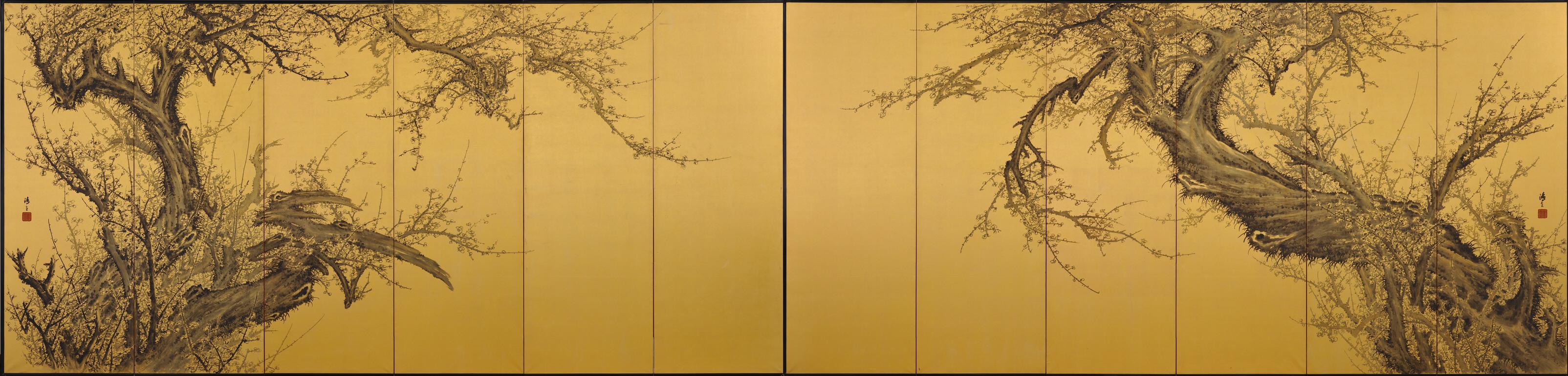 Plum Blossoms

Kawakami Koritsu (1869-1957)

Pair of six-fold screens, ink and gold leaf on paper.

Painting inscriptions: Koritsu

Painting seals: Koritsu

Early 20th century, circa 1910-1920

Dimensions:

376 cm x 181 cm (148” x