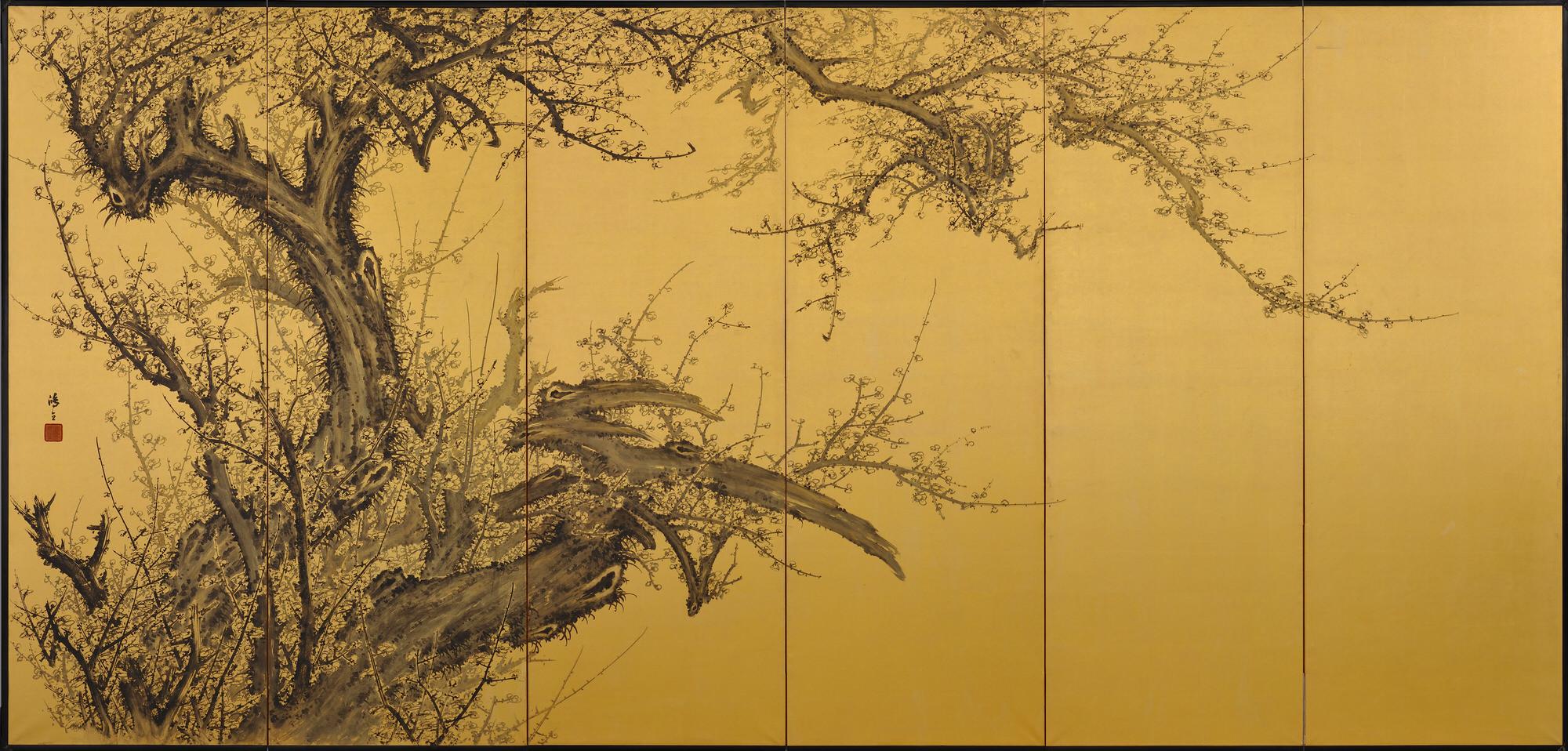 Gold Leaf Japanese Screen Pair, Plum Blossoms, Kawakami Koritsu