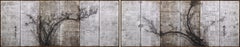 Japanese Screen Pair. Red and White Plum Blossoms on Silver Leaf.
