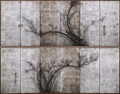 Japanese Screen Pair. Red and White Plum Blossoms on Silver Leaf.