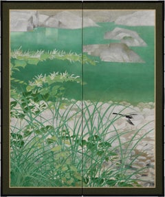 Japanese Screen Pair. Showa era. Nihonga Riverside landscape. Late Summer.