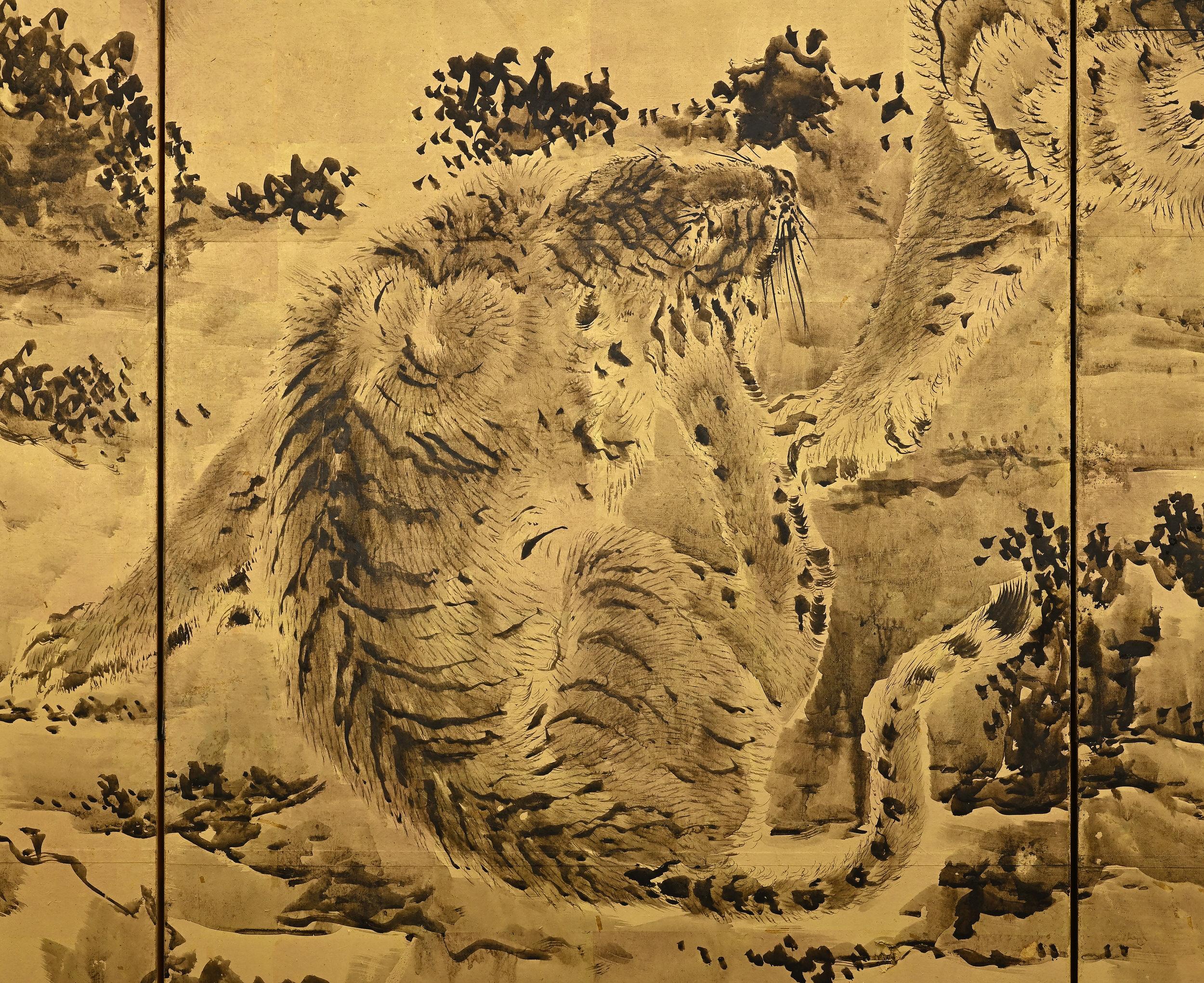 Japanese Screen Pair, Tigers by Kishi Renzan, Late Edo Period For Sale 1