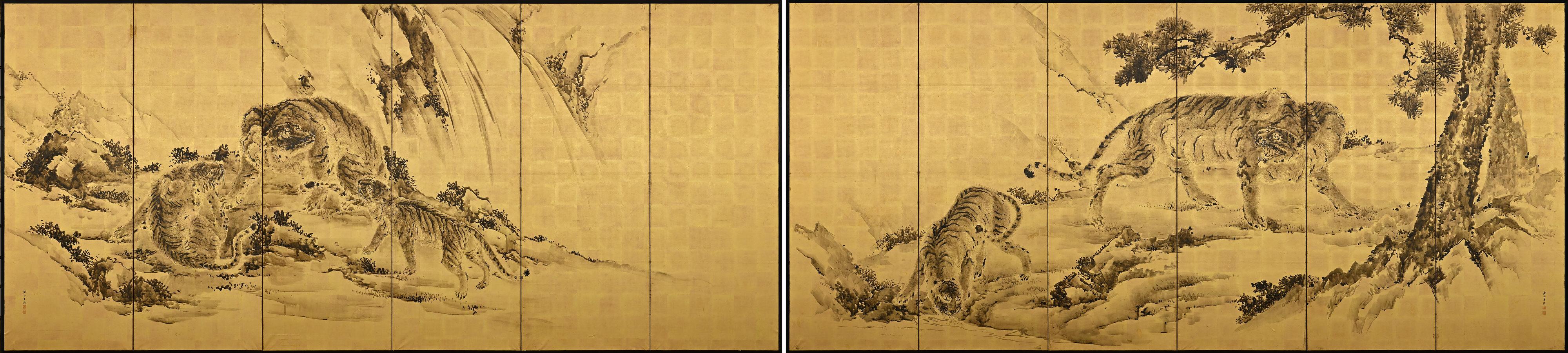 Kishi Renzan (1804-1859)

Tigres

Paire de paravents japonais à six panneaux.

Encre et feuille d'or sur papier.

Dans cette paire monochrome de paravents japonais à six volets peints sur feuilles d'or, Kishi Renzan a créé une composition