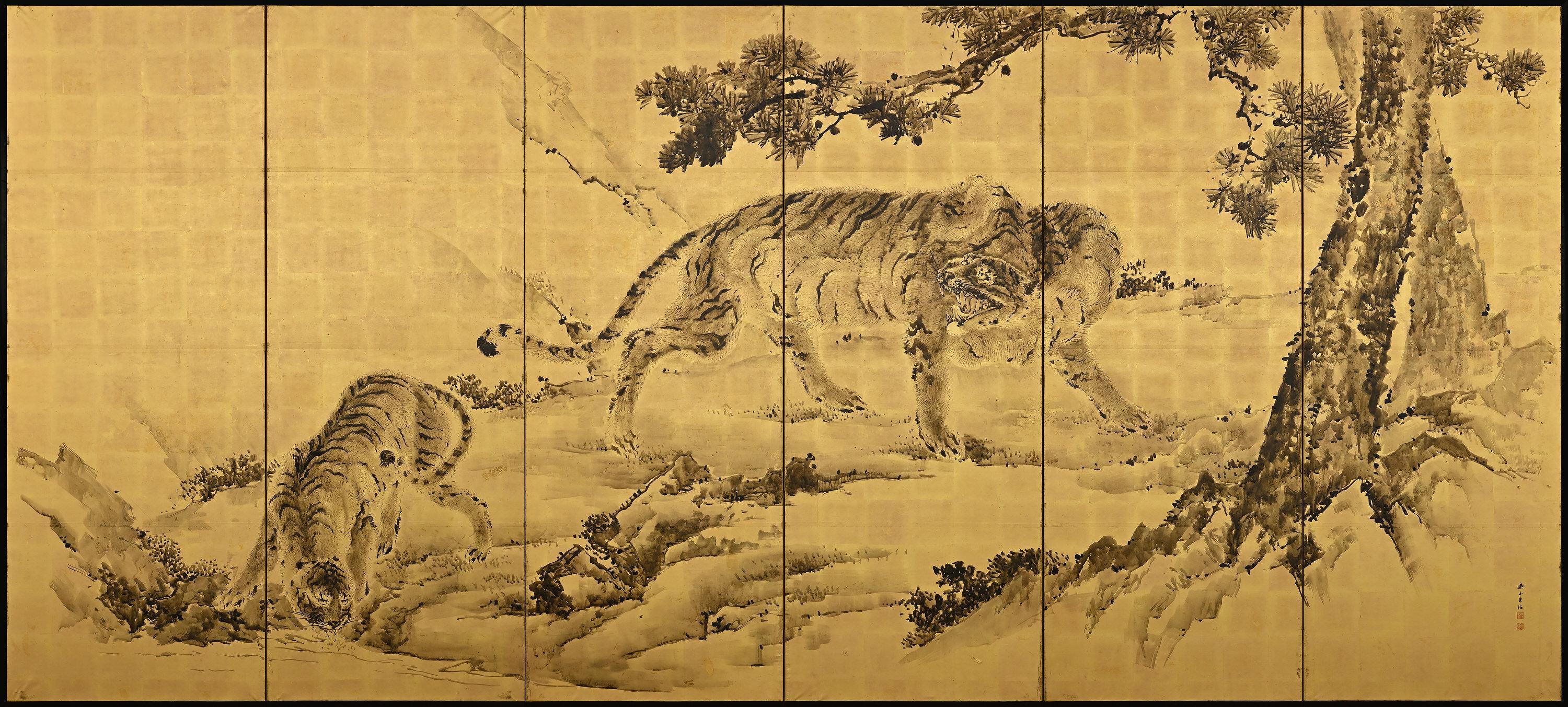 Asiatique Paire de paravents japonais Tigers de Kishi Renzan, fin de la période Edo en vente