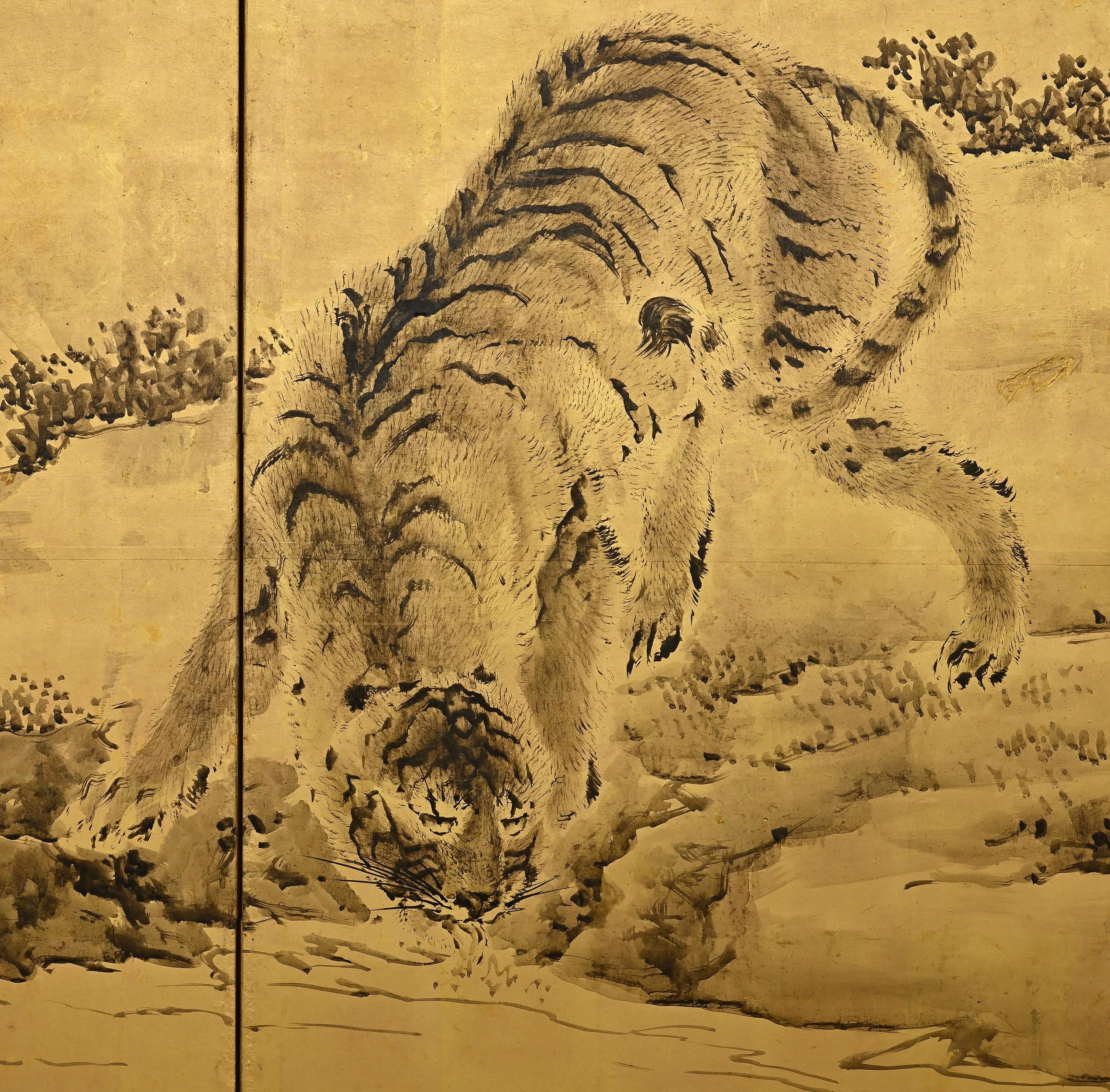 Peint à la main Paire de paravents japonais Tigers de Kishi Renzan, fin de la période Edo en vente