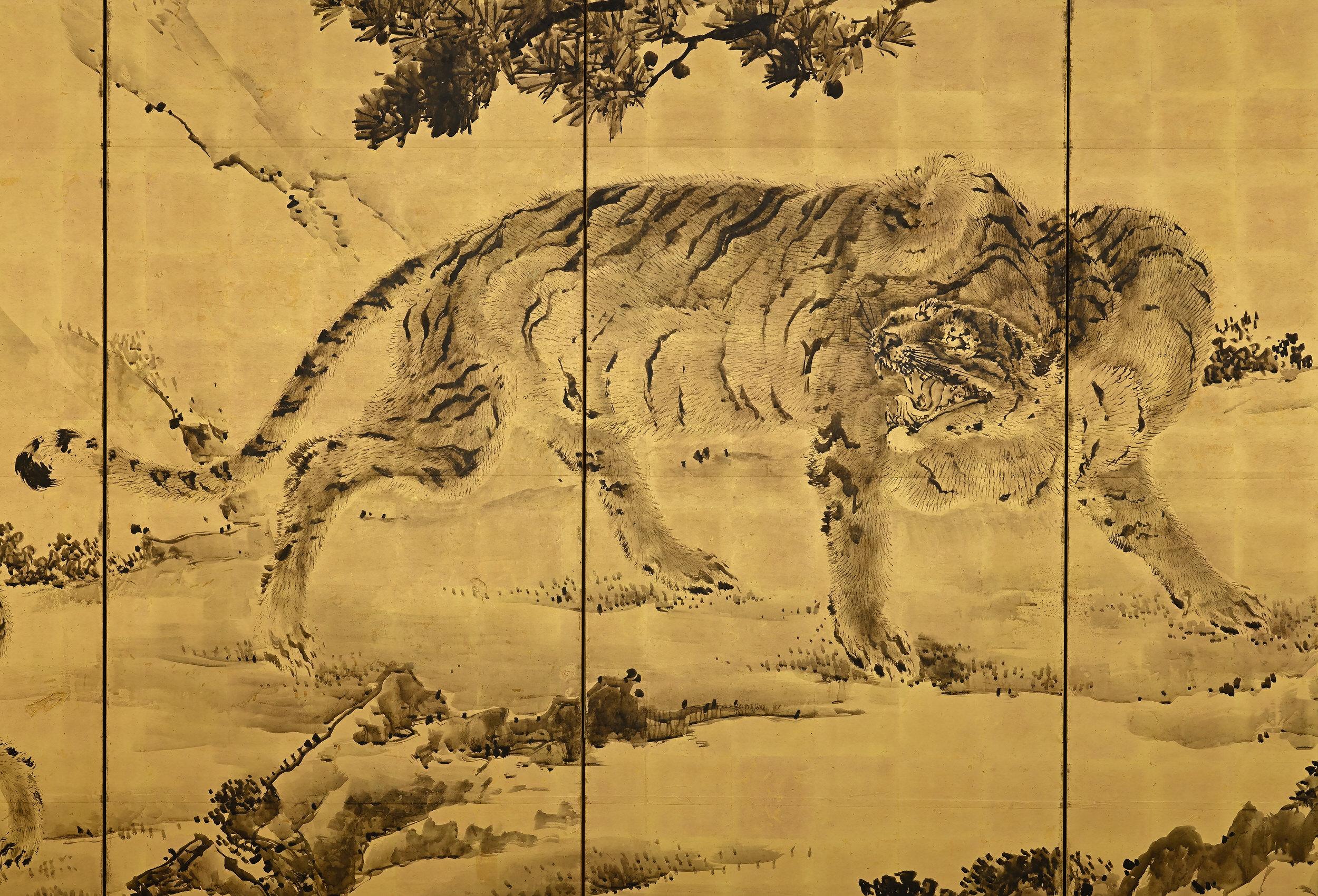 Paire de paravents japonais Tigers de Kishi Renzan, fin de la période Edo Bon état - En vente à Kyoto, JP