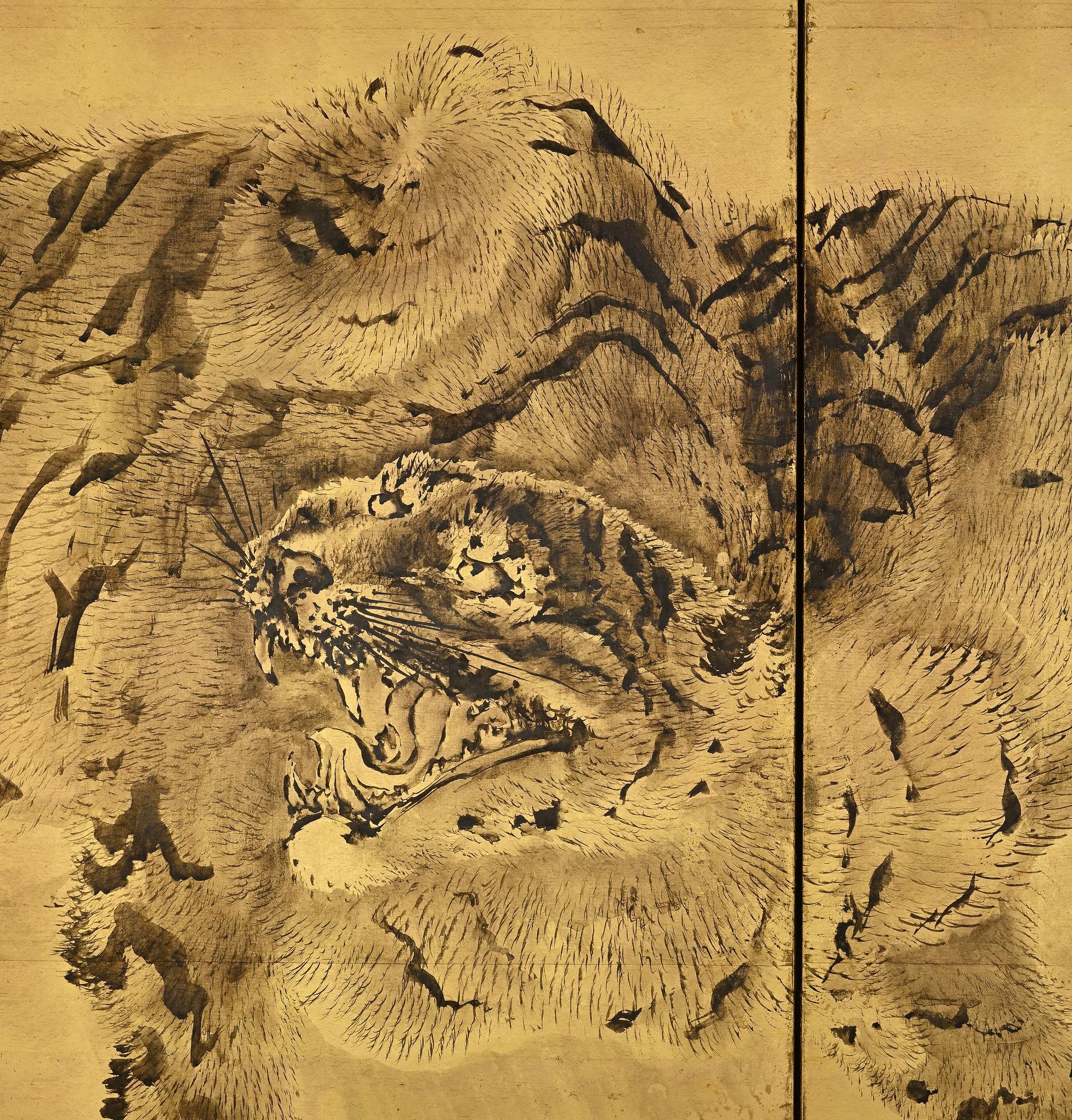 Asian Japanese Screen Pair, Tigers by Kishi Renzan, Late Edo Period For Sale