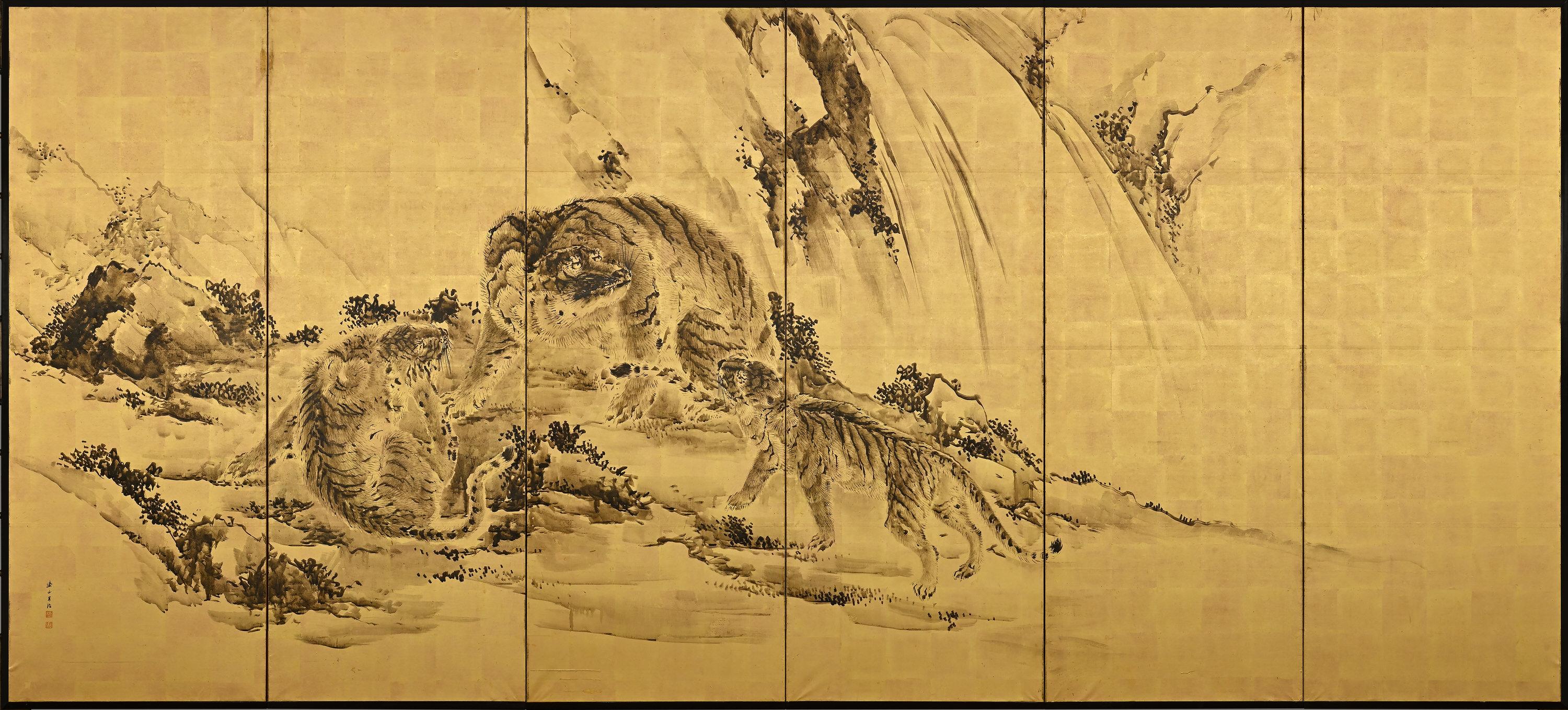 19th Century Japanese Screen Pair, Tigers by Kishi Renzan, Late Edo Period For Sale