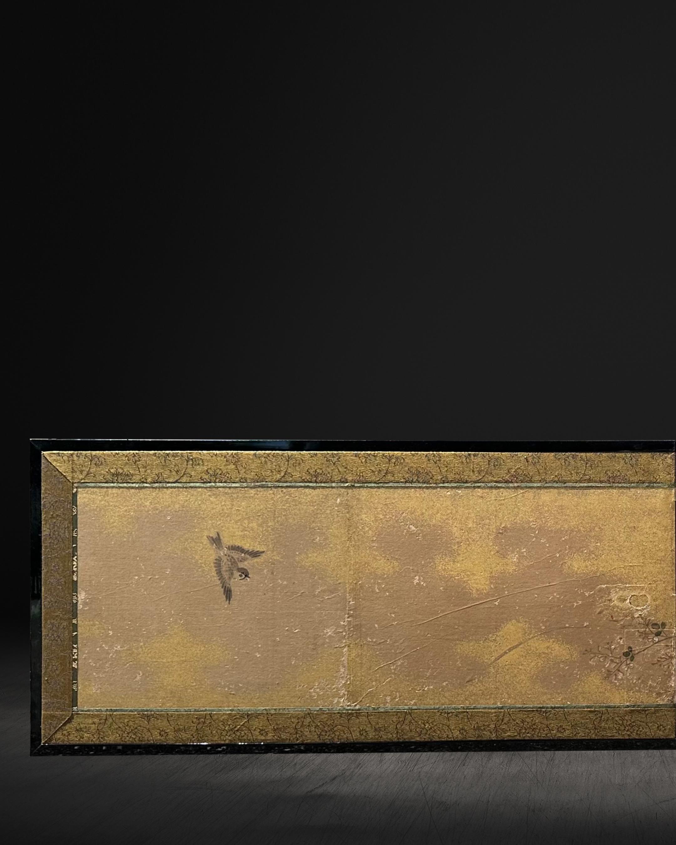 Spring Offering is a small yet exquisitely refined Edo-period screen originally created as a backdrop for a Girls’ Day altar. Against a softly shimmering gold-leaf background, delicate blossoms — camellias, chrysanthemums, and pale peonies — bloom