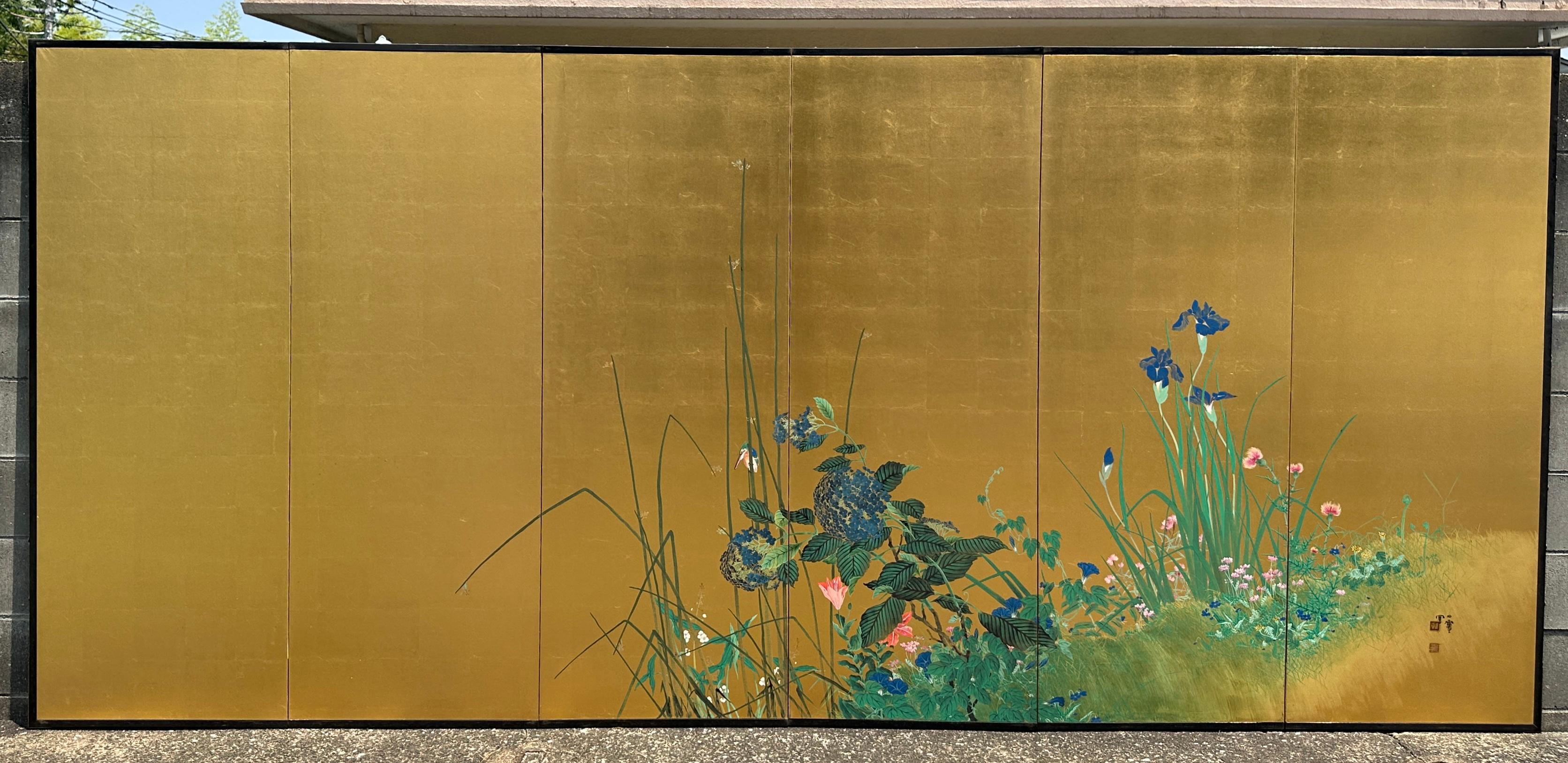 Period: Taishō–Shōwa 
Size: 170 cm x 378 cm (67 in x 149 in)
SKU: 2480
Dimensions: 170 cm x 378 cm (67 in x 149 in)

Bathed in the gentle shimmer of gold leaf, Summer Breeze on Gold captures the quiet vitality of nature at its most radiant. Slender