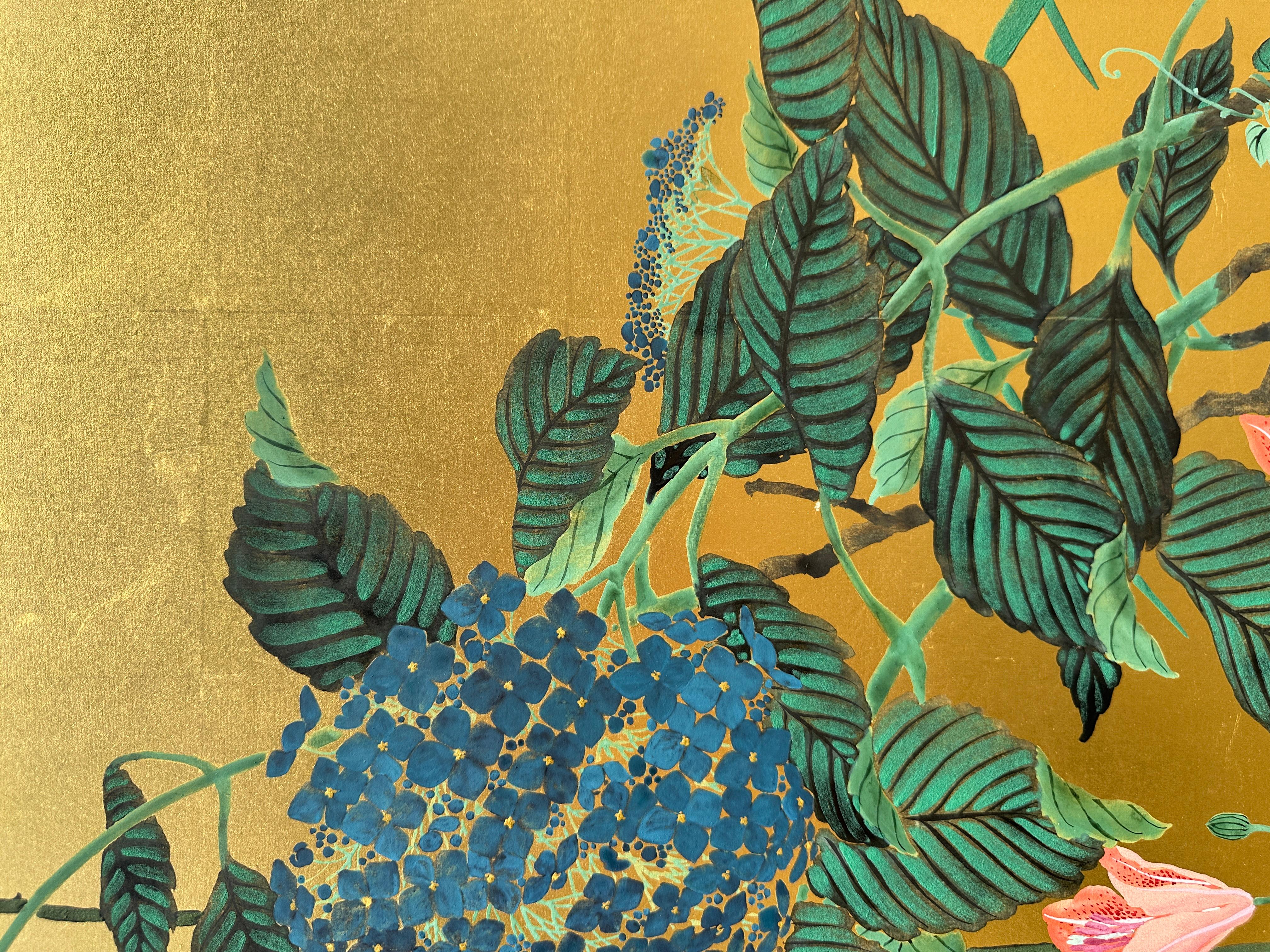 Wood Japanese screen: Summer Breeze on Gold For Sale