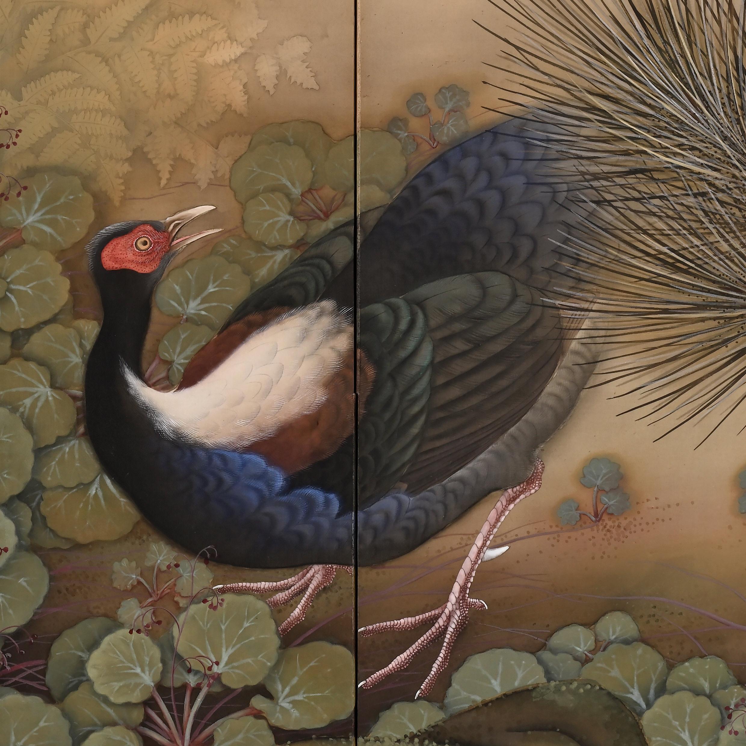 Hand-Painted Japanese Screen. Taisho era Circa 1920. Pheasant in Deep Forest. Color on Silk. For Sale