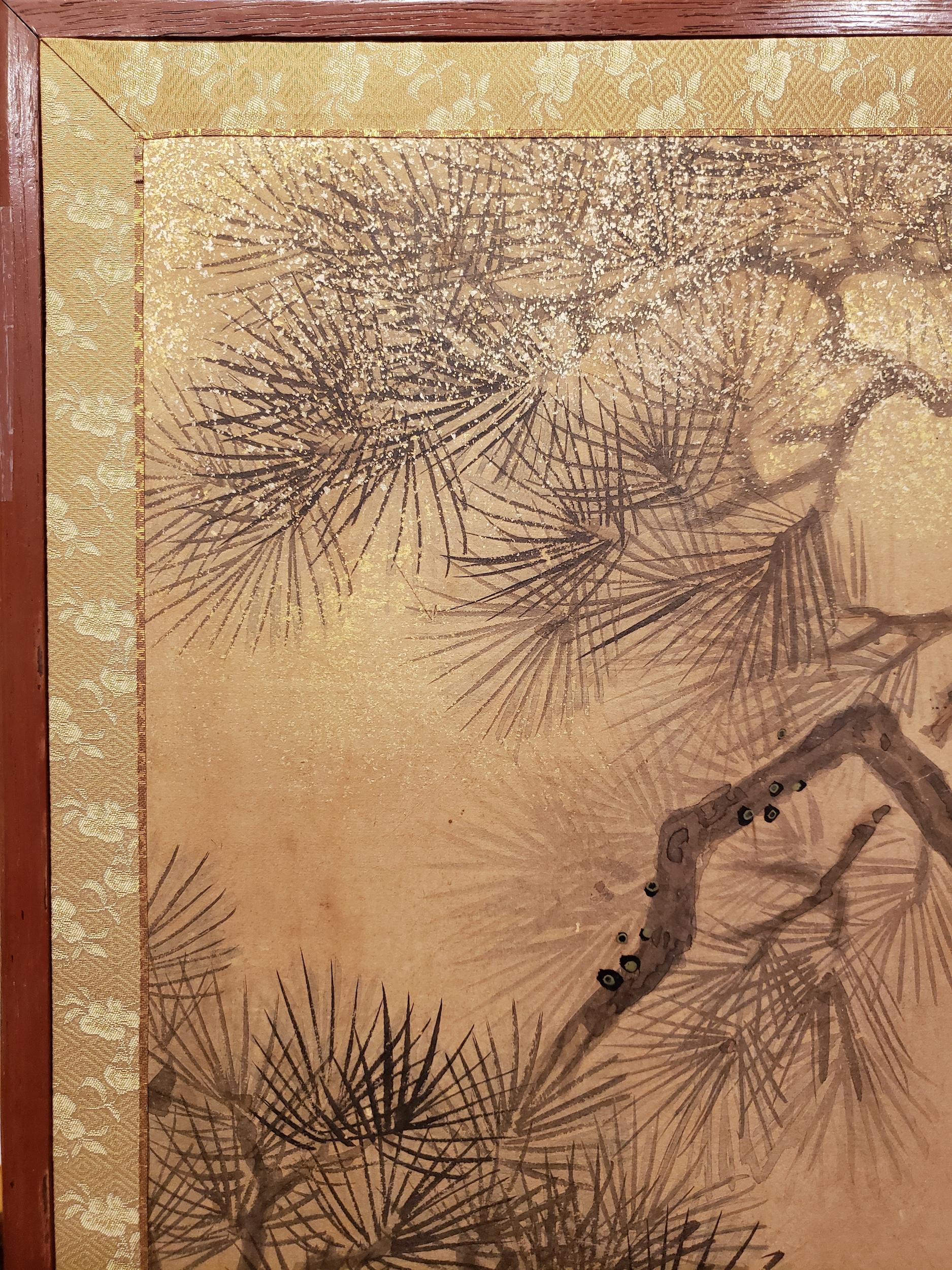 Japanischer japanischer Raumteiler mit zwei Tafeln: Bäume in geblümter Landschaft im Angebot 3