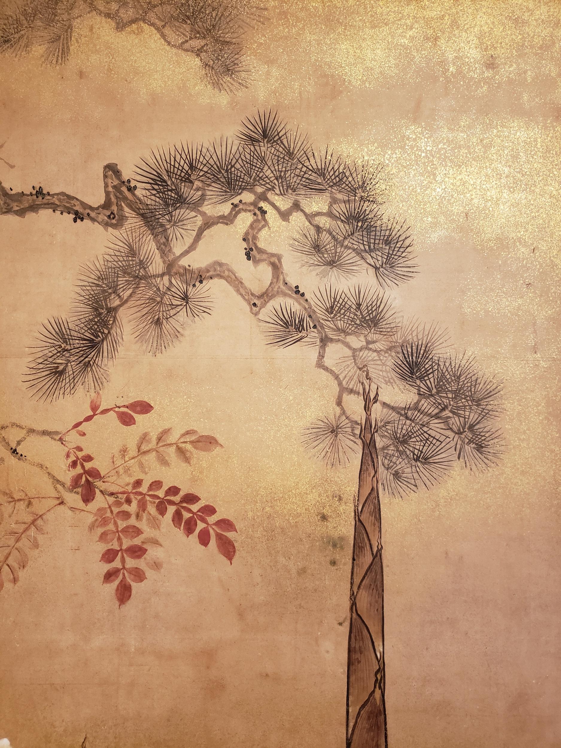 Japanese Two Panel Screen: Trees in Floral Landscape For Sale 2
