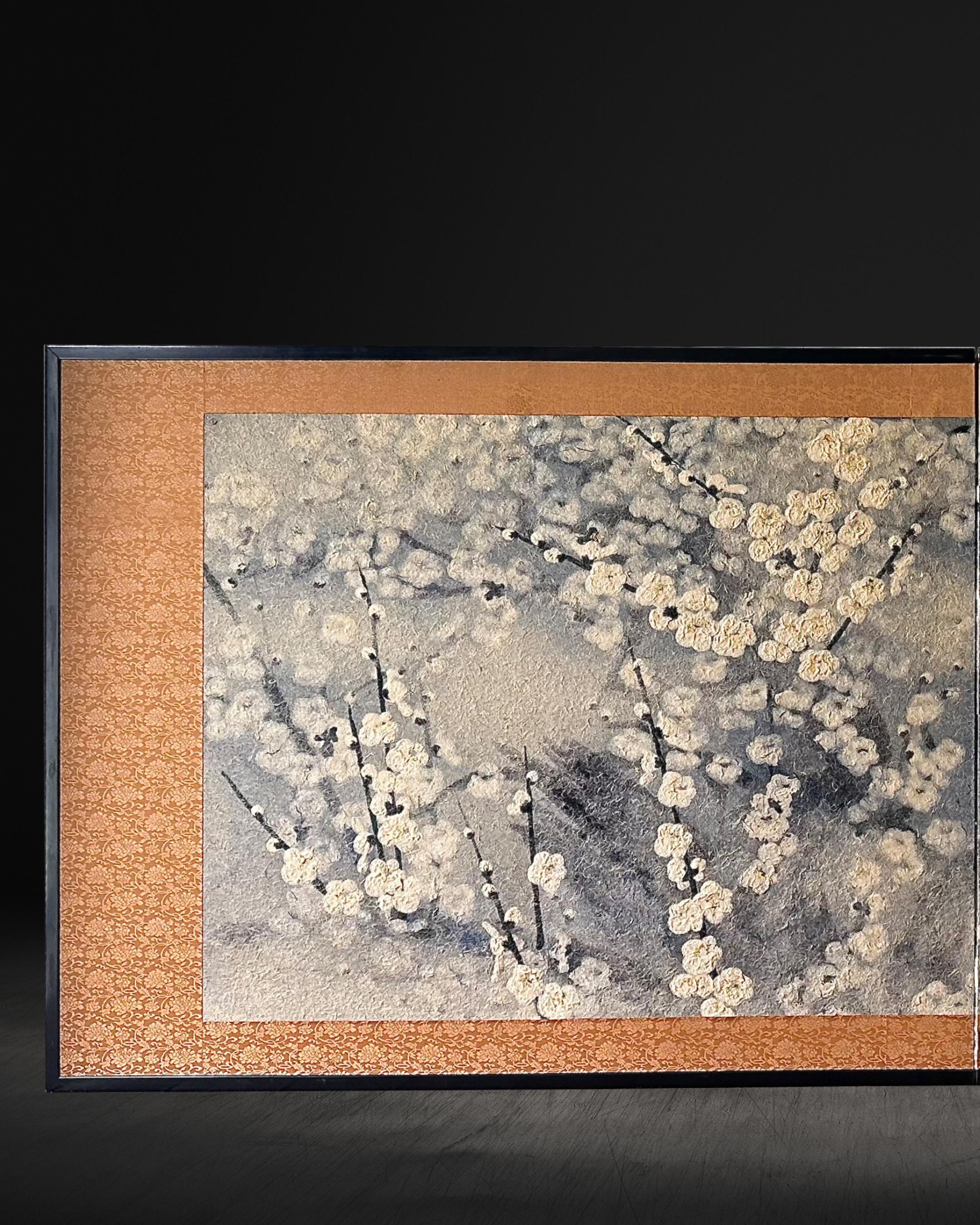 
In Japanese tradition, the plum tree is the first to bloom in late winter, its fragile white flowers defying the cold. It symbolizes perseverance, renewal, and the quiet strength to endure hardship while heralding the arrival of spring. This screen