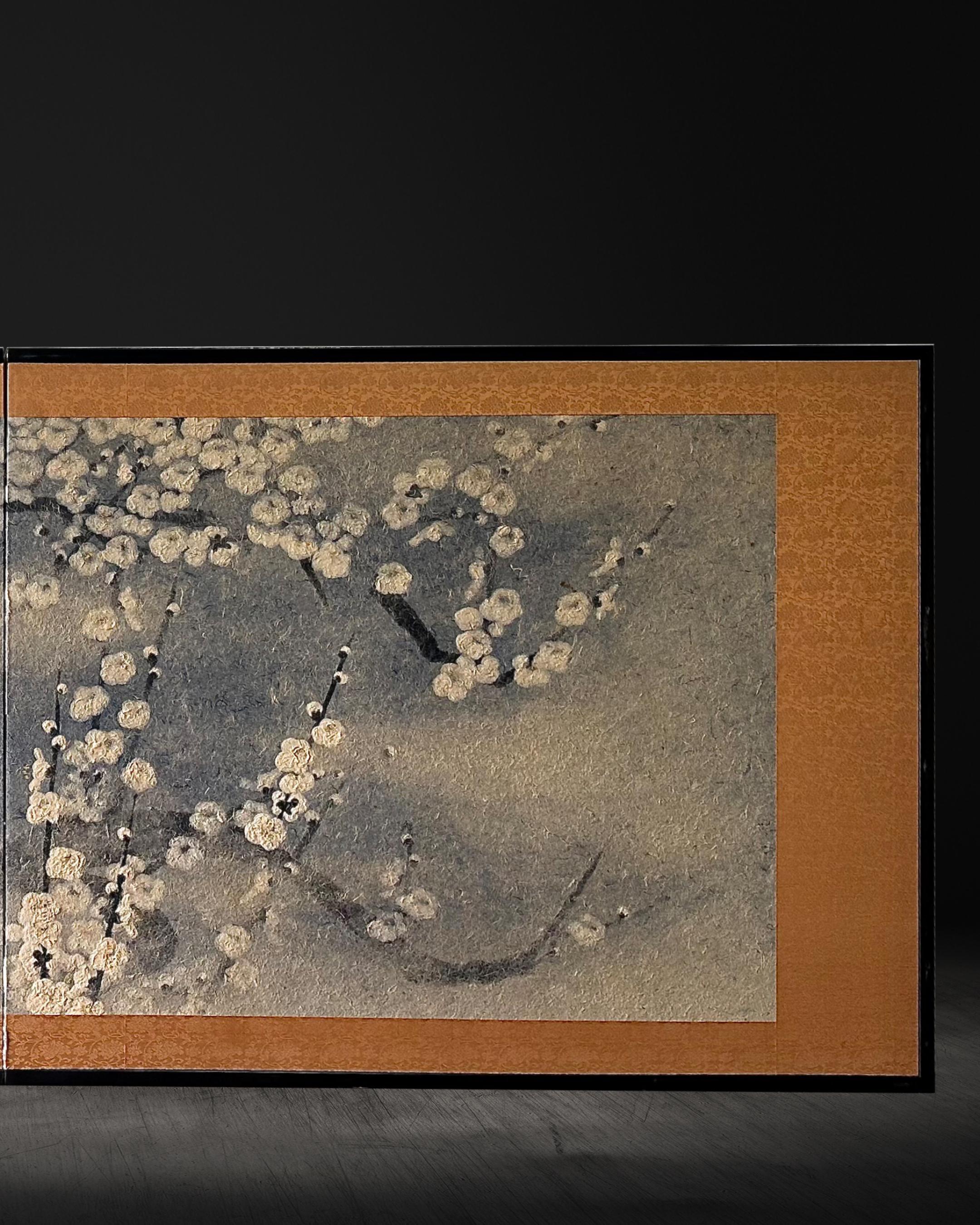 Showa Japanese screen: Whispers of Plum Blossoms For Sale