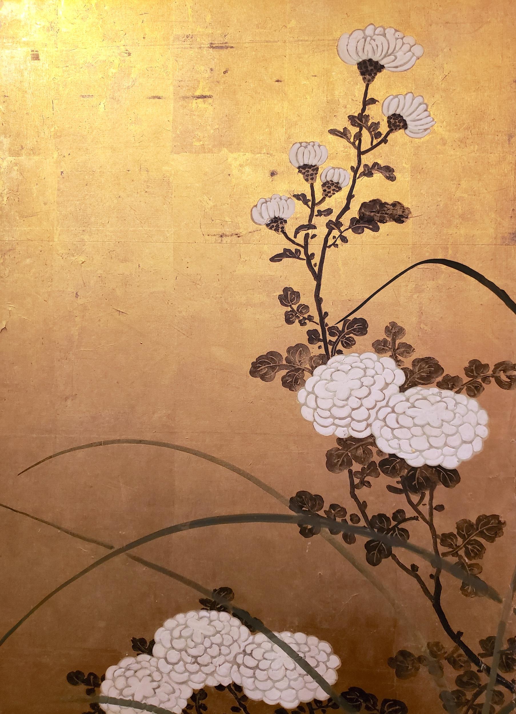 Edo Japanese Screen White Chrysanthemums and Wild Grasses