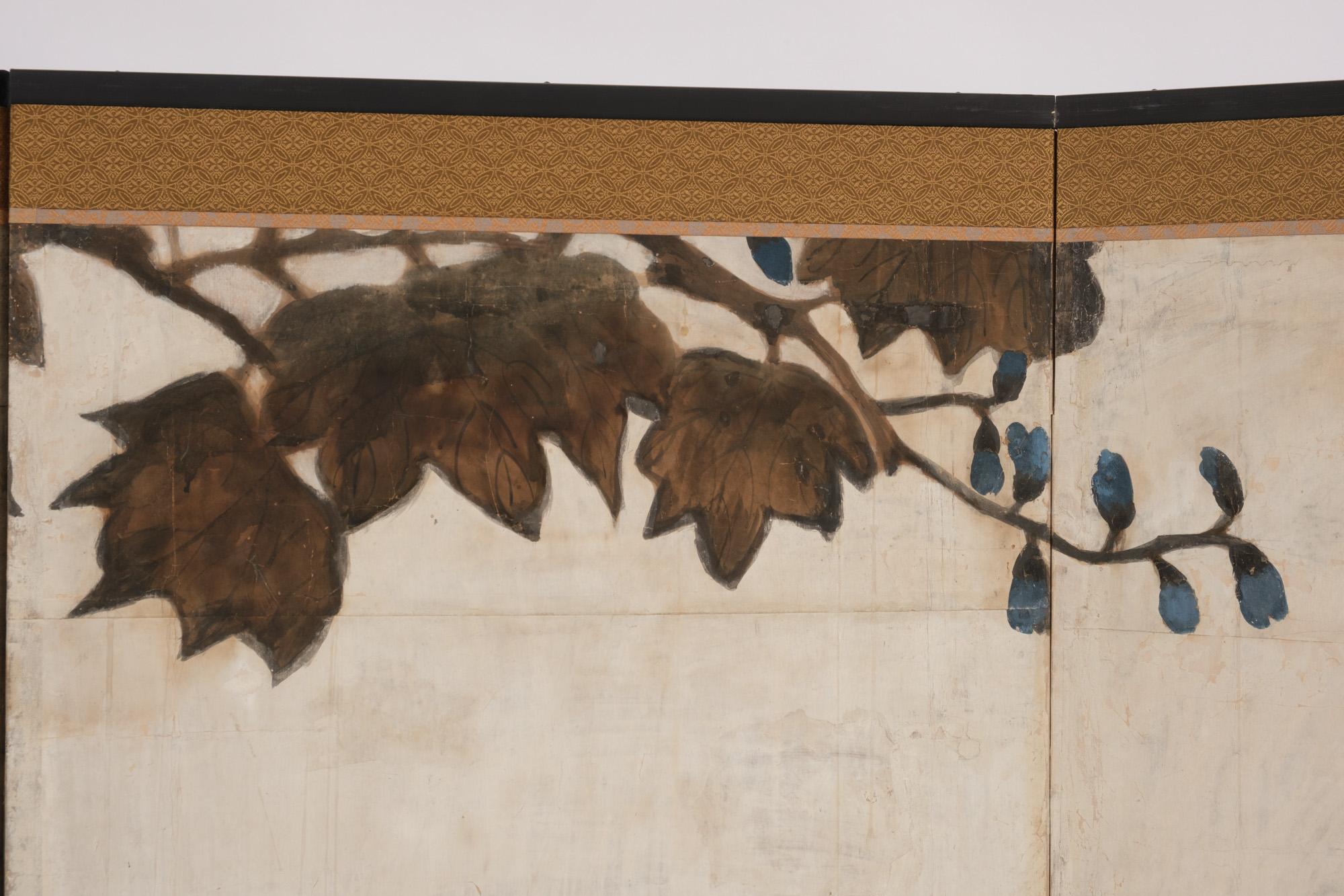 Japanese screen with a painting of an large elephant & monkey by Mori Kanson 森間村 8